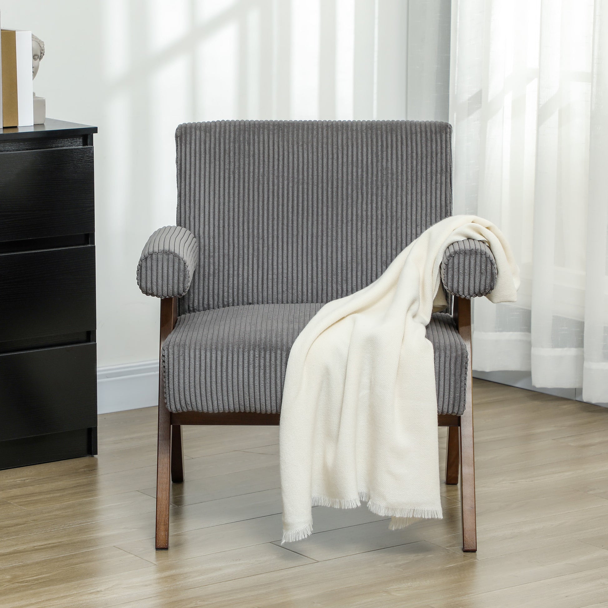 Corduroy Accent Chair Armchair with Wide Seat and Soft Padded Armrests for Reading, Bedroom, Dark Grey Accent Chairs   at Gallery Canada