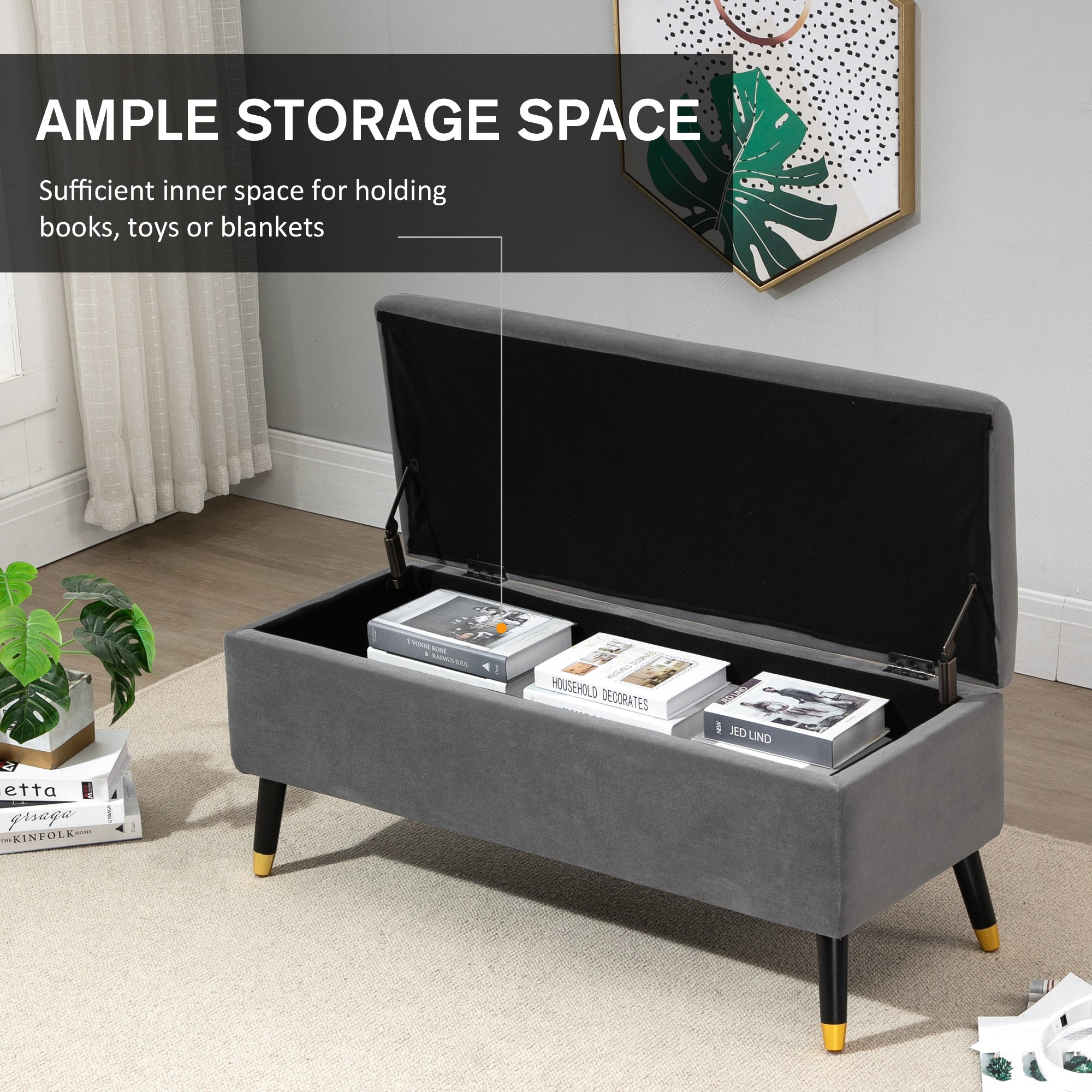 Ottoman Bench with Storage, Velvet Footrest Shoe Bench with Hinged Lid, Lift Top Bed Bench for Entryway Living Room, Charcoal Grey Storage Ottomans & Benches at Gallery Canada