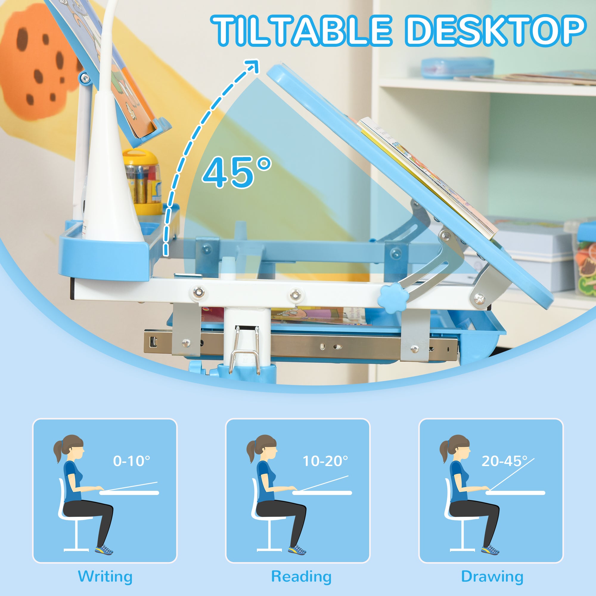 Kids Desk and Chair Set Height Adjustable Student Writing Desk Children School Study Table with Tilt Desktop, Blue Kids Desk Sets at Gallery Canada