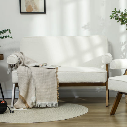 Boucle Fabric 2 Seater Sofa, Small Sofa Loveseat with Thick Padding and Wood Legs, Cream White 2-Seater Sofas   at Gallery Canada