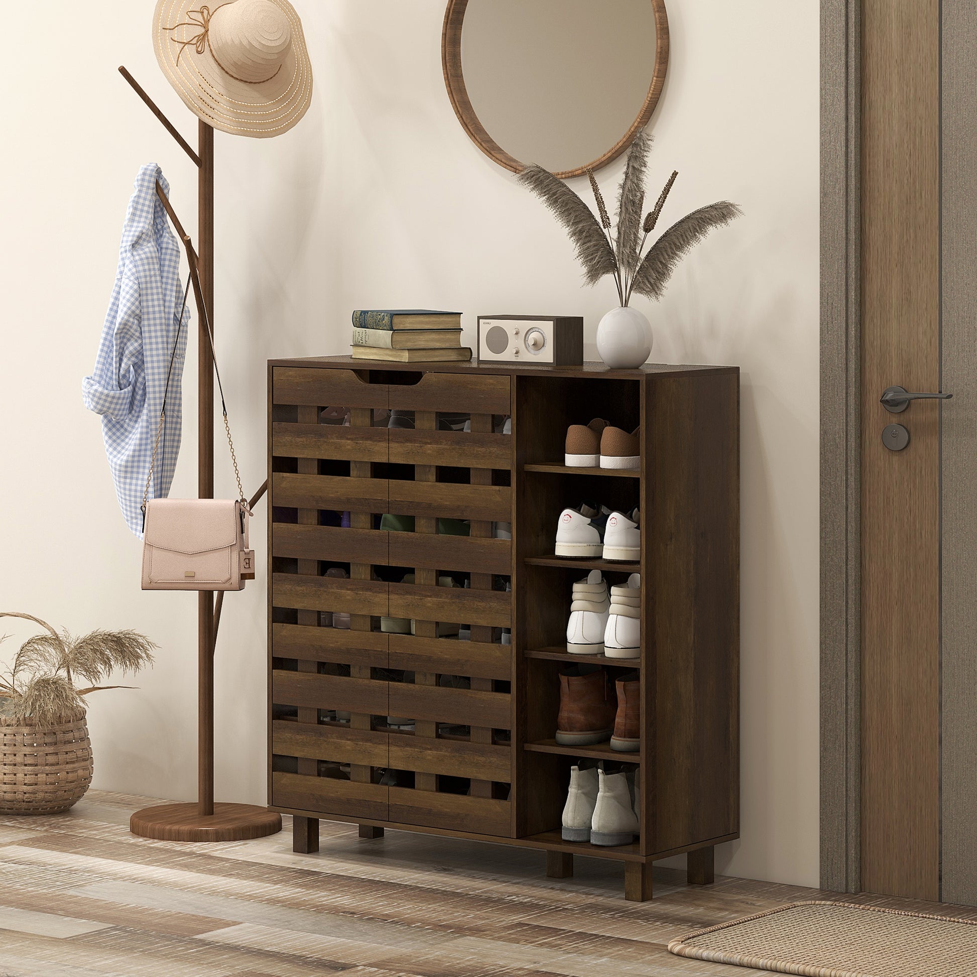 Shoe Cabinet, 21 Pair Shoe Storage Cabinet Organizer with 5-tier Double Door Cupboard and 5-tier Open Shelves, Brown Shoe Storage Cabinets & Racks Brown  at Gallery Canada