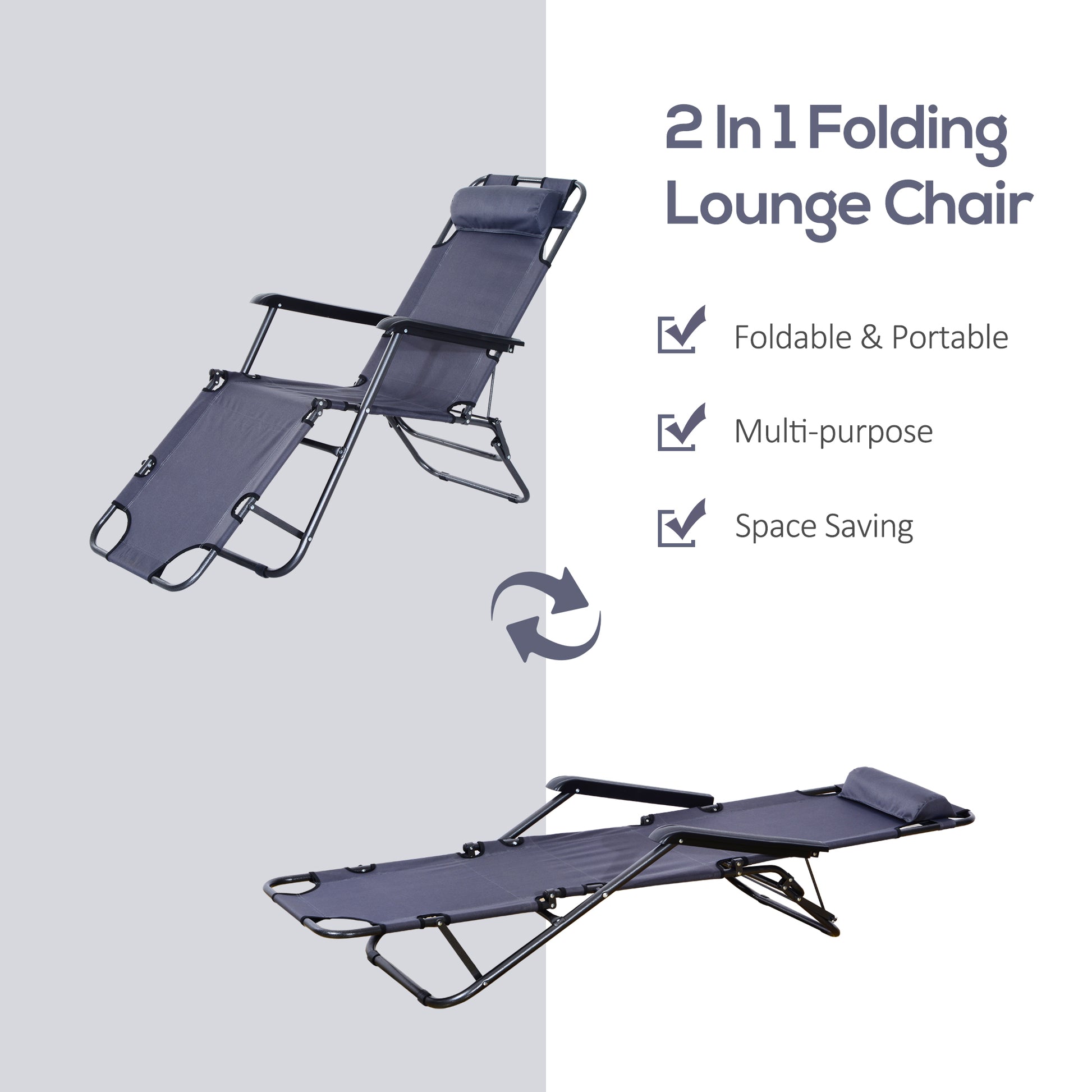 Folding Chaise Lounge Chair, Outdoor Portable 2-Level Adjustable Recliner Zero Gravity Chair with Headrest Pillow, Back with Storage Mesh Pocket, Grey Lounger Chairs   at Gallery Canada