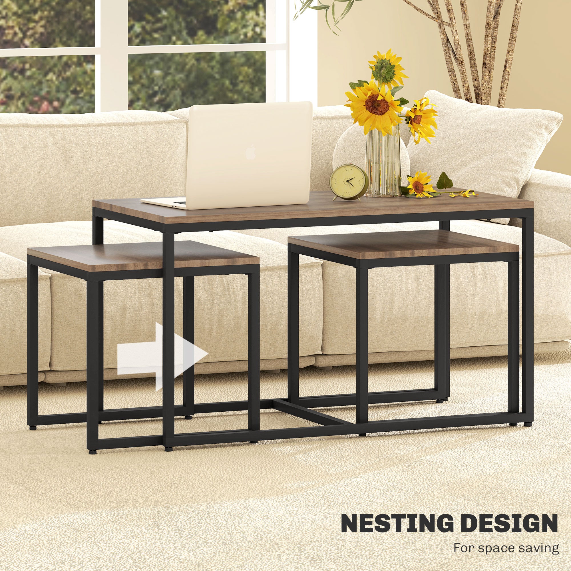 Nesting Coffee Table Set of 3, Modern End Tables with Black Metal Frame for Living Room Home Furniture, Brown Coffee Tables at Gallery Canada