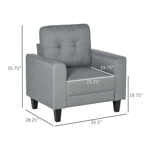 Modern Button Tufted Armchair with Rubber Wood Legs and Thick Padding, Grey