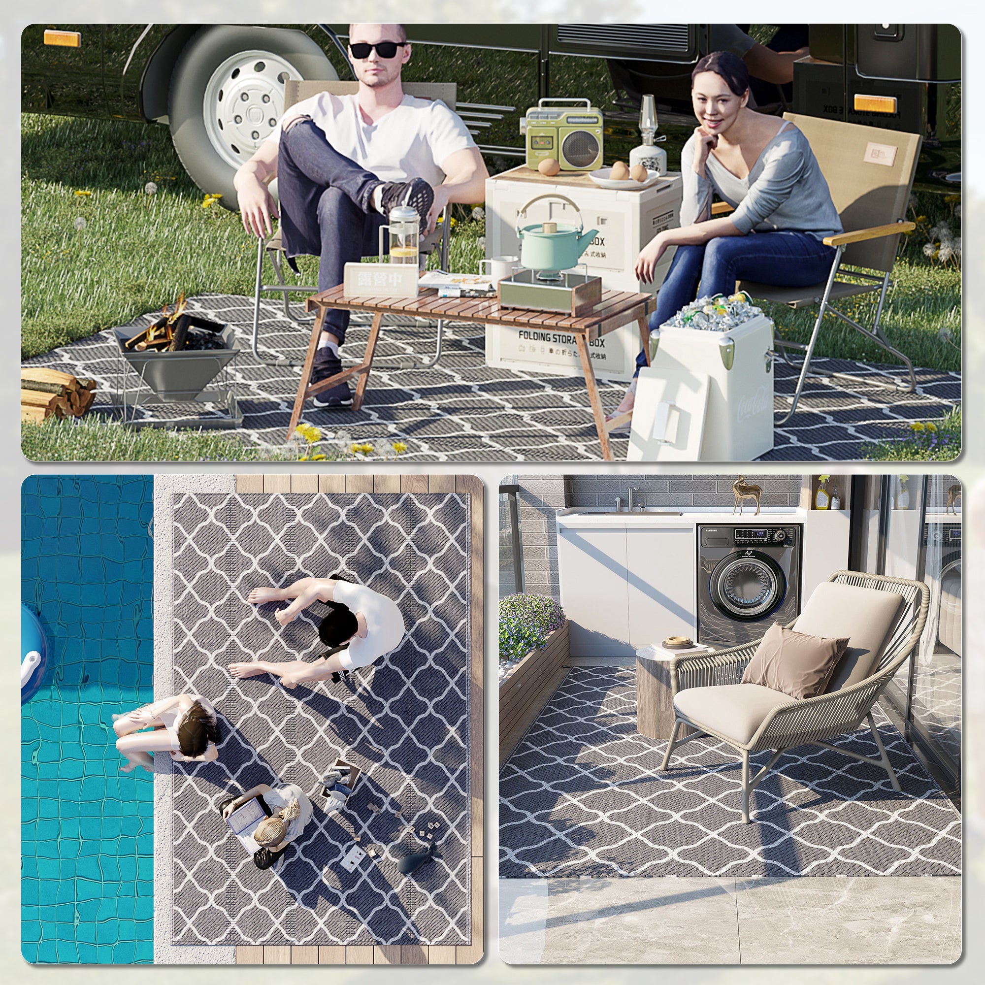 Waterproof Outdoor Rug, 6' x 9' RV Rug Reversible Mat for Backyard, Deck, Picnic, Beach, Camping, Grey &; White Net Garden Decor at Gallery Canada
