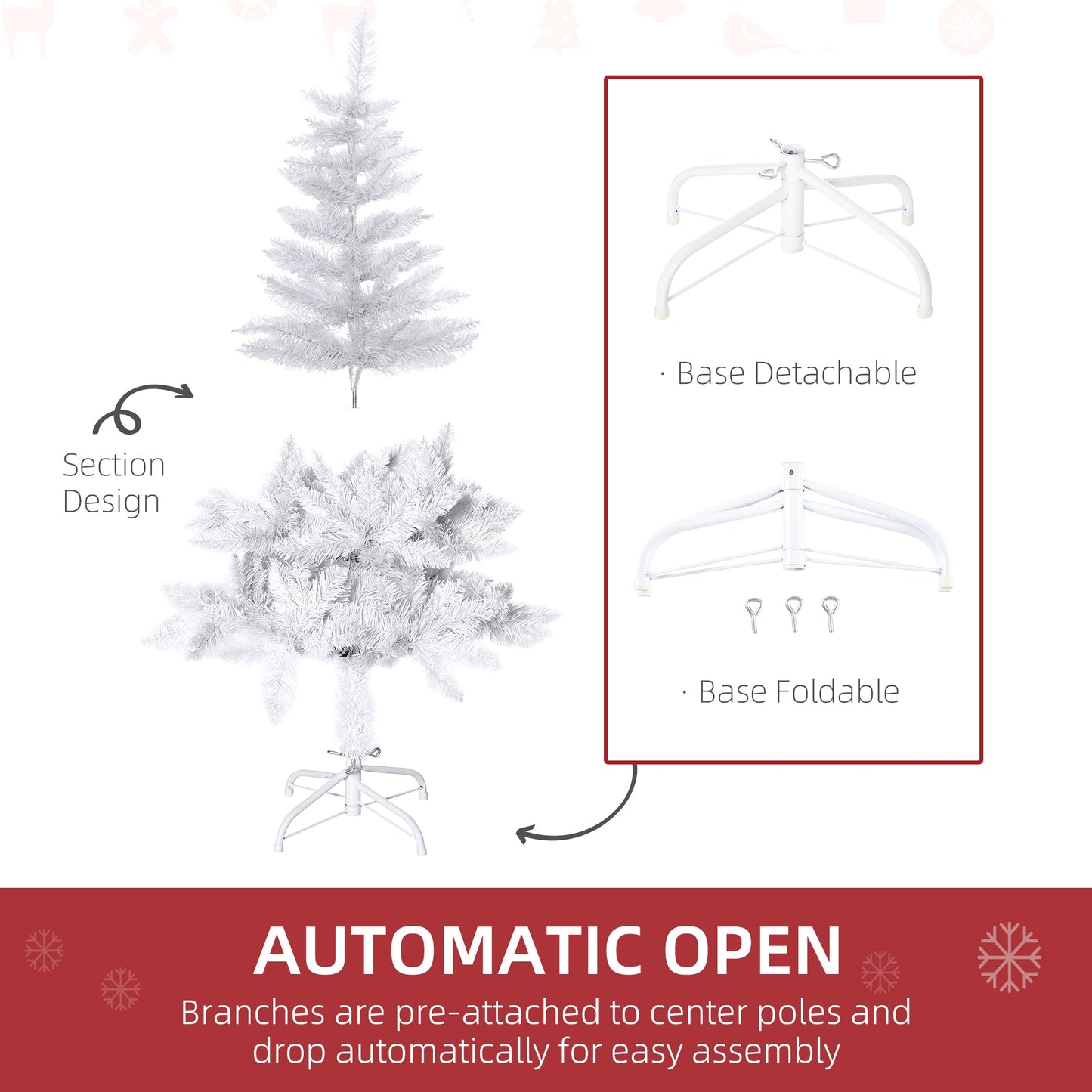 4ft Artificial Christmas Tree with Pine Realistic Branches, Auto Open, for Indoor Decoration, White Artificial Christmas Trees   at Gallery Canada