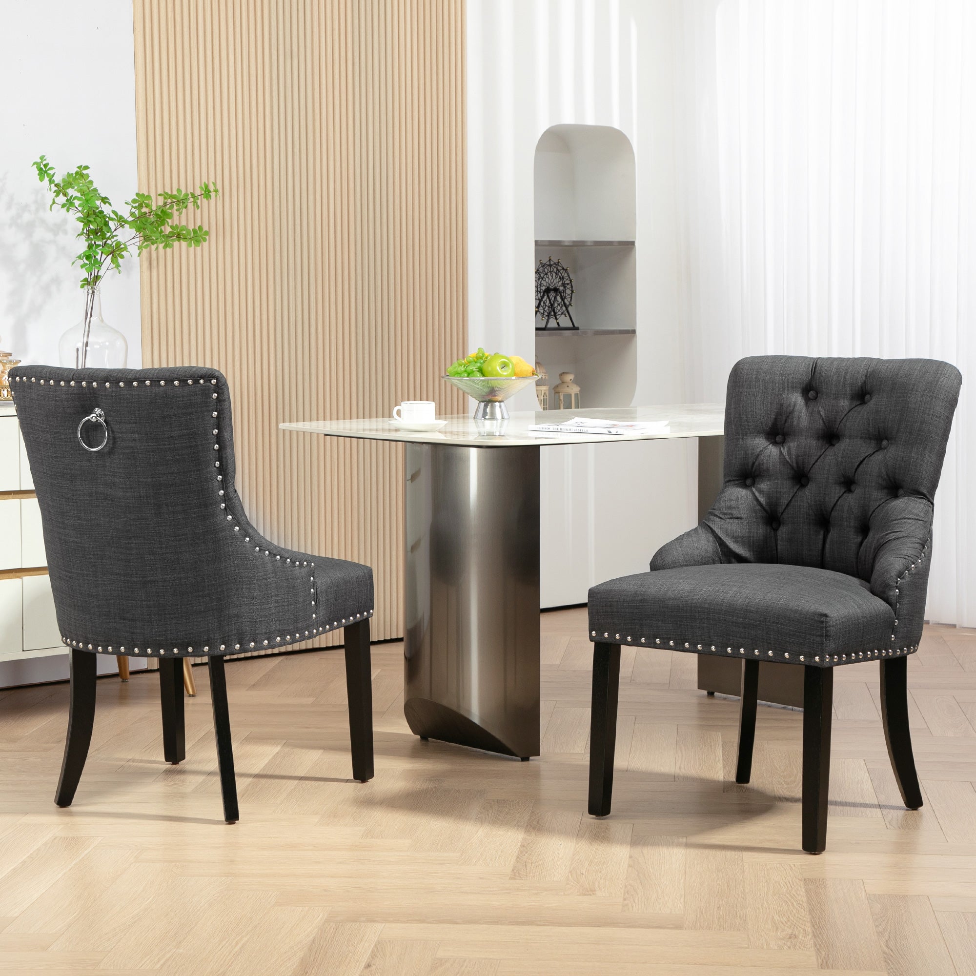 Swoop Air Linen Fabric Dining Chair Set of 2 with Nailhead Trim and Wood Legs Dark Grey Dining Chairs Multi Colour  at Gallery Canada