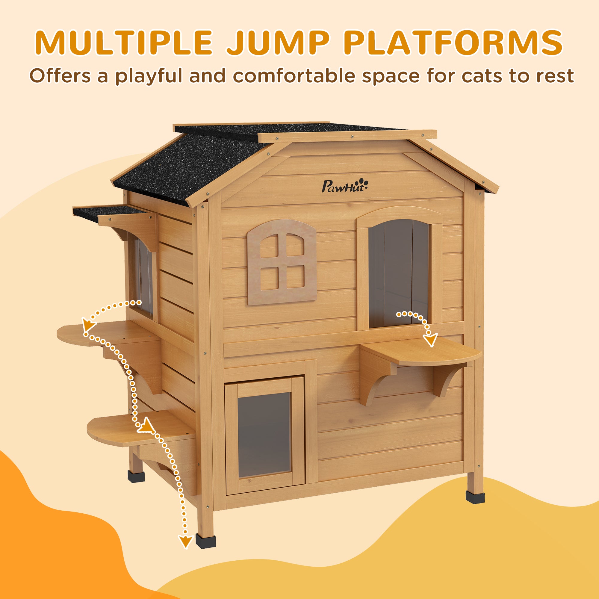 2-Storey Outdoor Cat House, Wooden Catio with Openable Roof, Lounge Space, Fun Entrances, for Feral Cats, Yellow Cat Houses at Gallery Canada