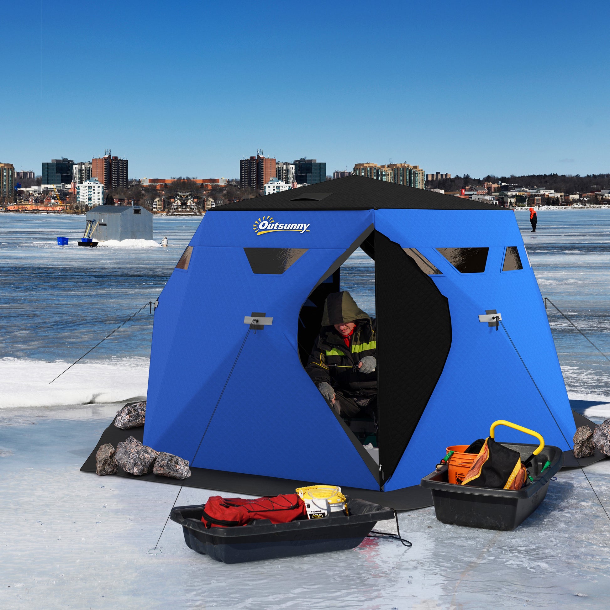 4 Person Insulated Ice Fishing Shelter, Pop-Up Portable Ice Fishing Tent with Carry Bag and Two Doors for -22℉, Blue Ice Fishing Tents   at Gallery Canada