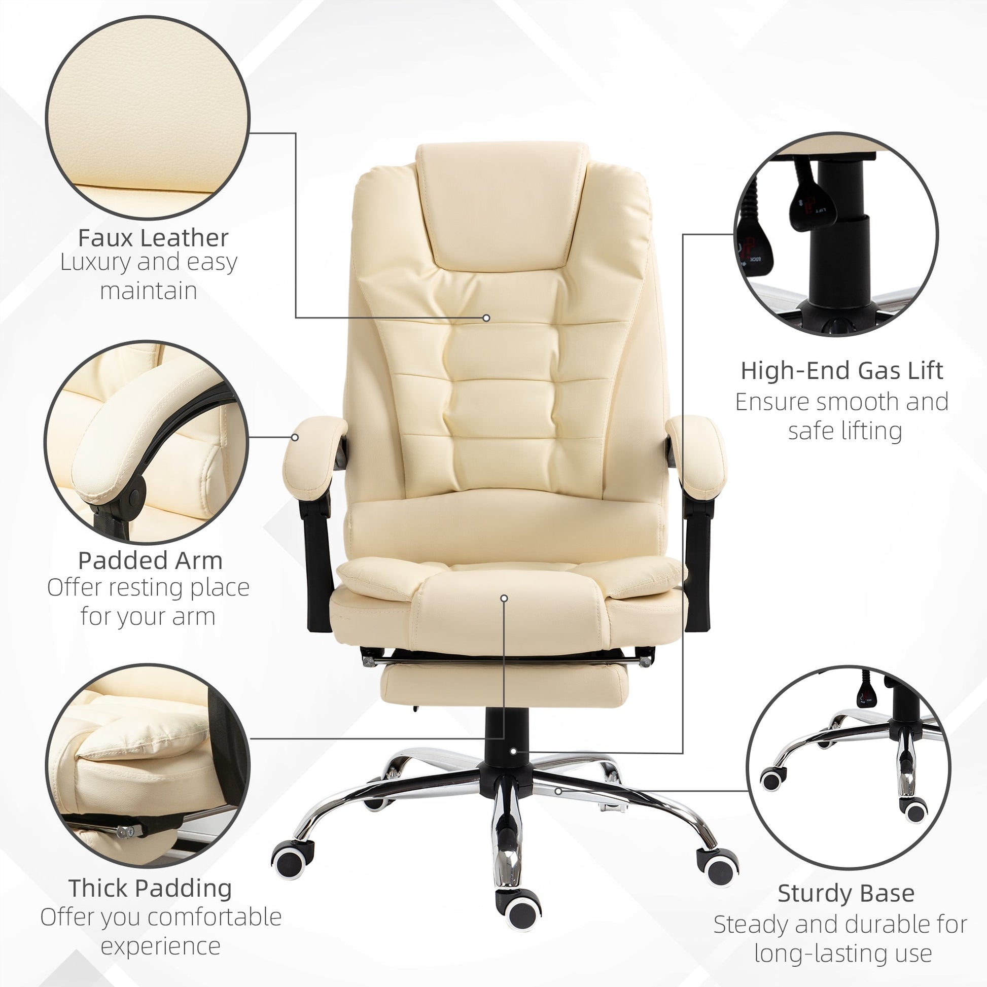 High Back Office Chair PU Leather Executive Office Chair with Retractable Footrest Padded Armrest Cream White Executive & Manager Chairs   at Gallery Canada