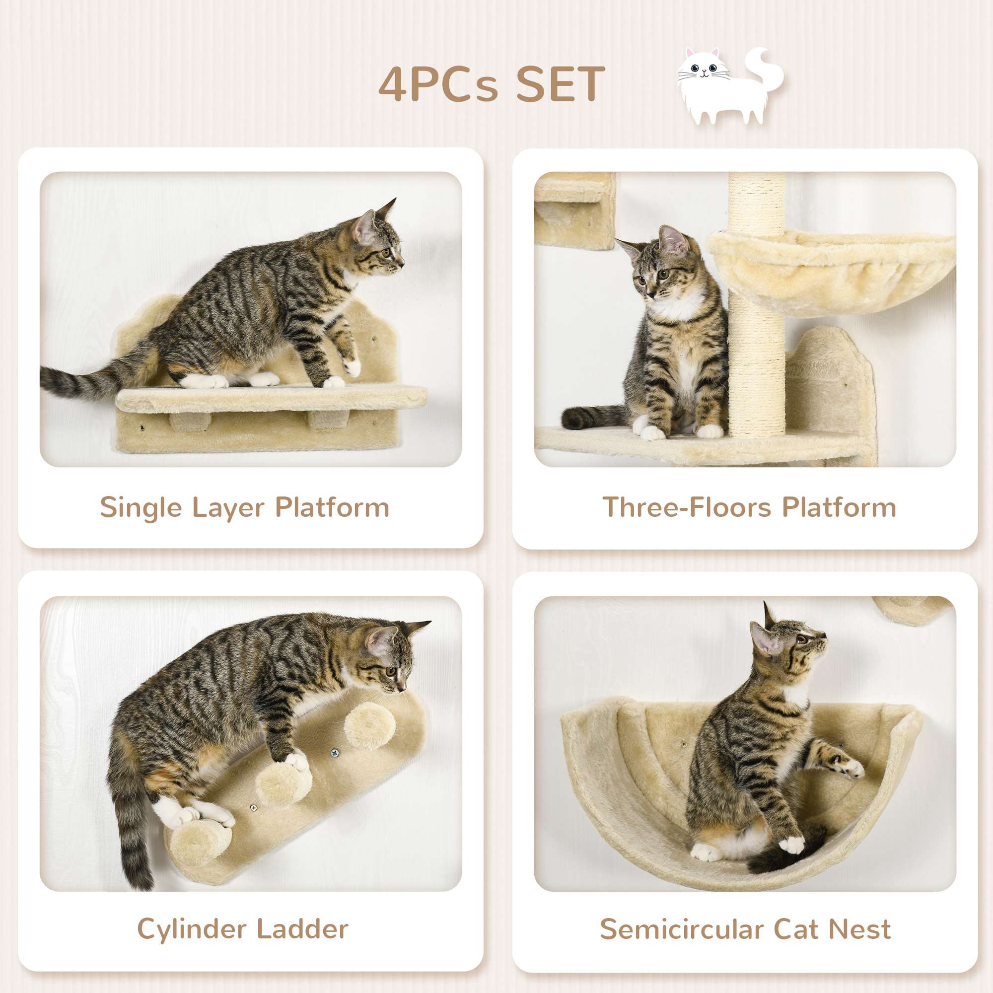 Cat Wall Shelves, 3PCs Cat Shelves with Hammock, Scratching Post, 3 Steps, Jumping Platforms, Wall Mounted Cat Climber, Beige Cat Climbing Wall at Gallery Canada