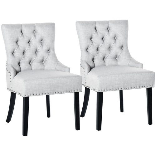 Button-Tufted Dining Chair, Fabric Upholstered Accent Chair with Nailed Trim &; Wood Legs for Living Room, Set of 2, Light Grey