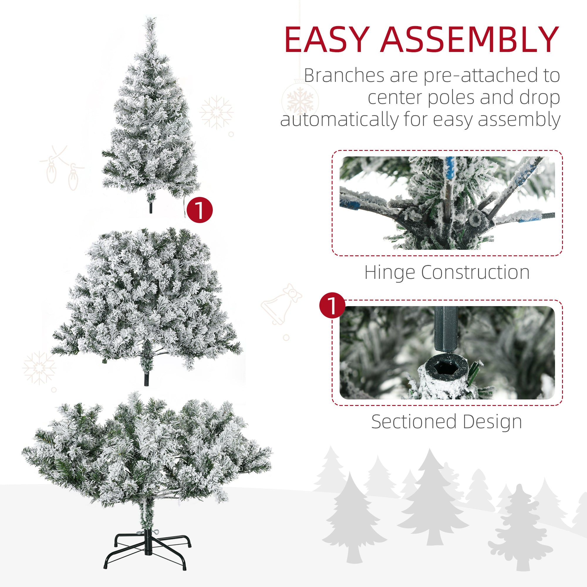 6ft Artificial Prelit Christmas Tree with Warm White LED Light, Snow Flocked Branches, Metal Base, Xmas Tree Pre Lit Christmas Trees   at Gallery Canada