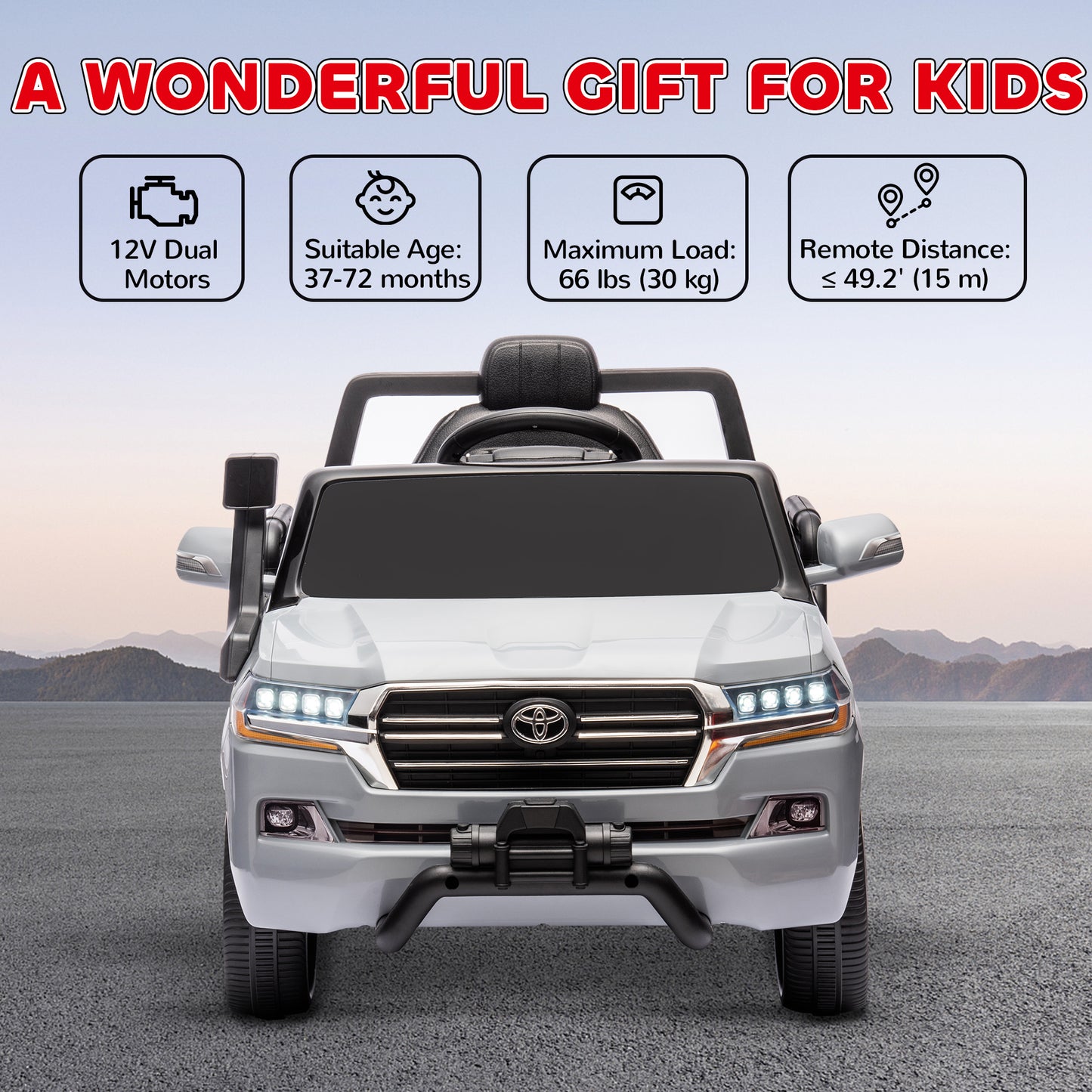 12V Toyota LAND CRUISER Licensed Kids Car w/ Remote Control, Four Wheel Spring Suspension, Soft Start, LED Light, Grey Electric Toy Cars   at Gallery Canada