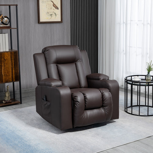 Massage Recliner Chair for Living Room with 8 Vibration, Overstuffed PU Leather Manual Reclining Chair with Wide Seat, Cup Holders, 360° Swivel, Rocking, Brown