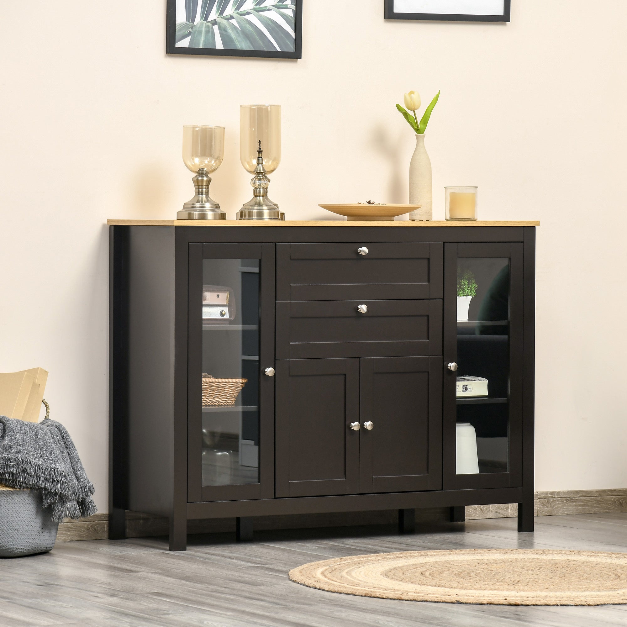Buffet Cabinet Sideboard with 2 Drawers, 3 Storage Cabinets, Glass Doors and Adjustable Shelves, Dark Brown Bar Cabinets at Gallery Canada