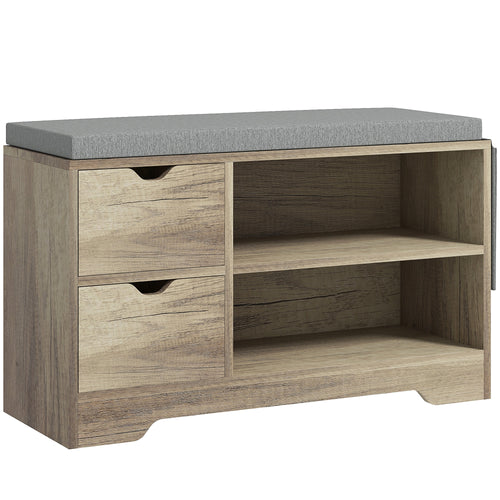 Upholstered Shoe Storage Bench w/ Seat, Entrance Bench w/ Drawer Open Shelves and Pocket for Hallway, Grey