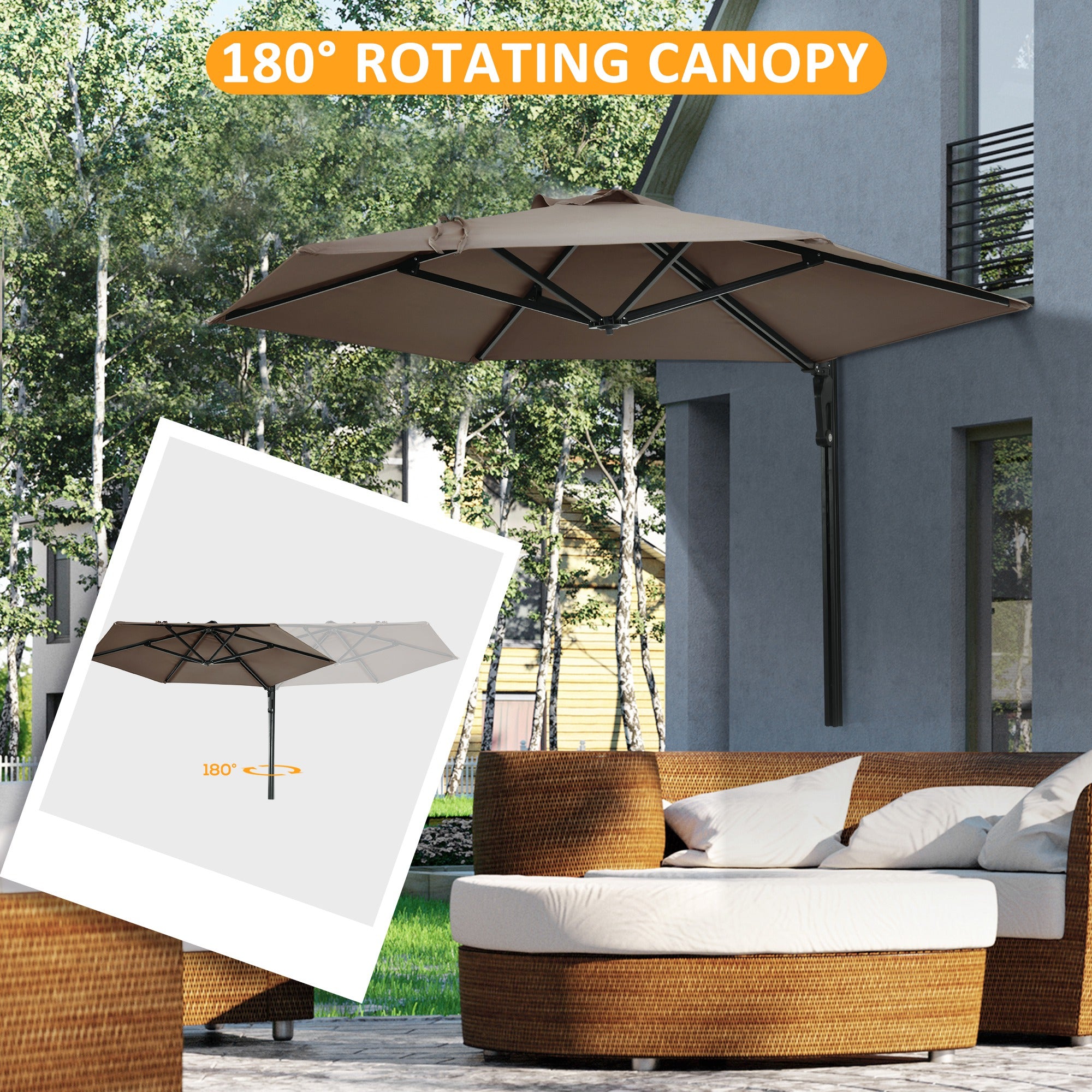 8 ft Wall Mounted Umbrella with 180° Rotatable Canopy, Patio Wall Parasol for Outdoor, Garden, Balcony, Yard, Khaki Sun Umbrellas at Gallery Canada