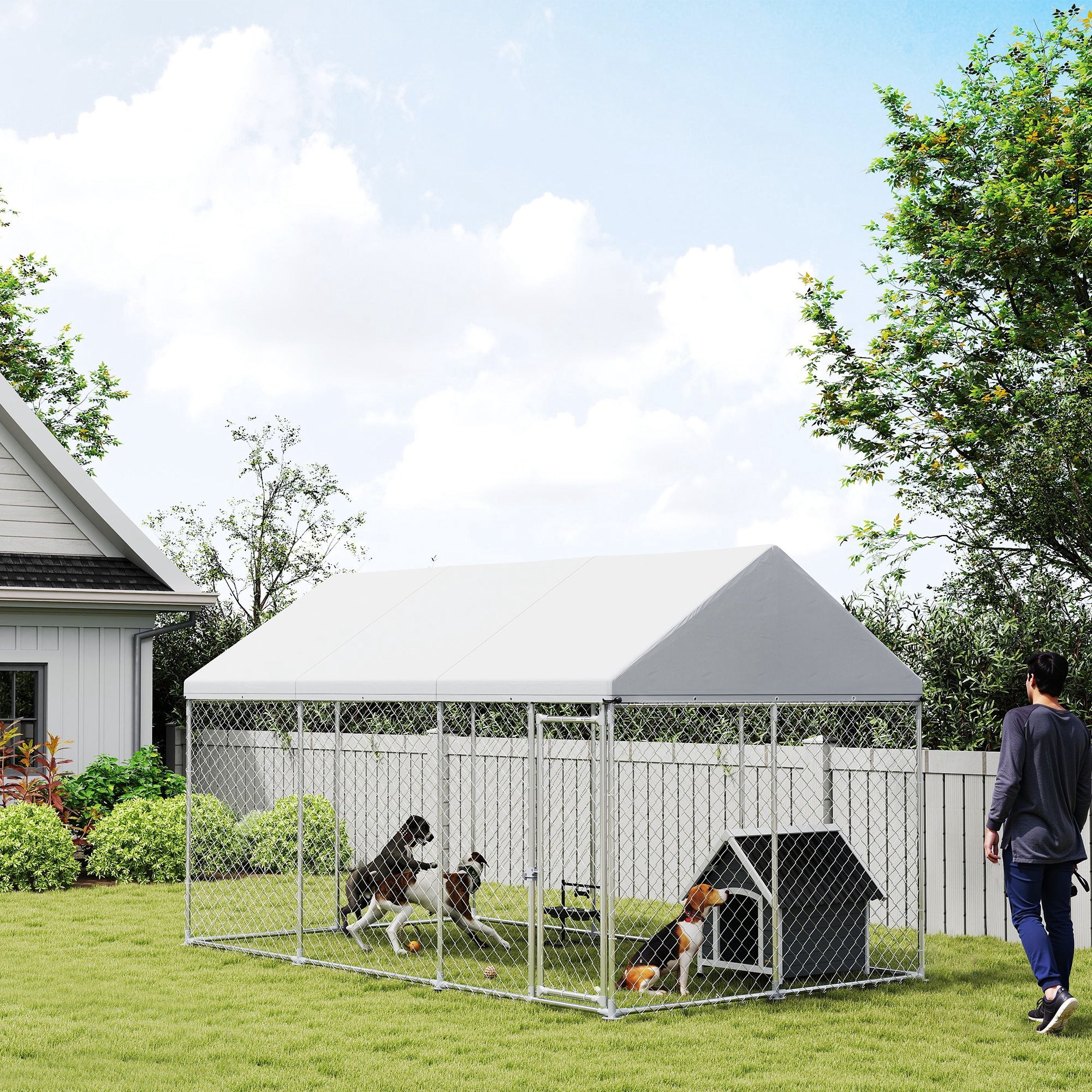 Galvanized Steel Outdoor Dog Kennel with Roof, Safety Lock, for Backyard, 13.1' x 7.5' x 7.8' Houses, Kennels & Pens at Gallery Canada