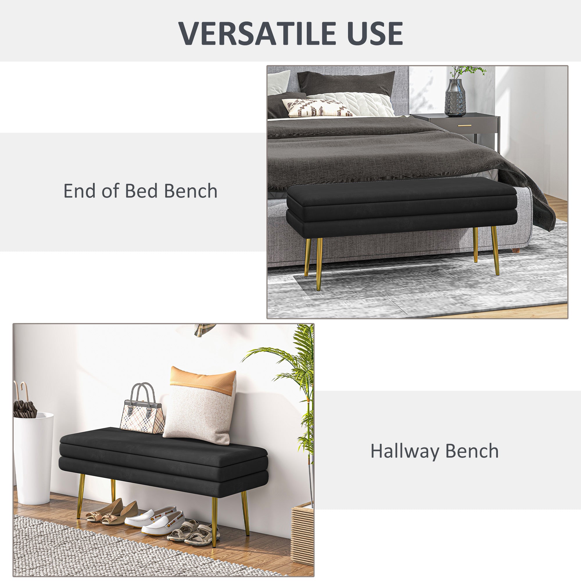 End of Bed Bench, Velvet-feel Upholstered Bench with Thick Padded Seat and Steel Legs, Modern Bedroom Bench, Black Storage Ottomans & Benches   at Gallery Canada