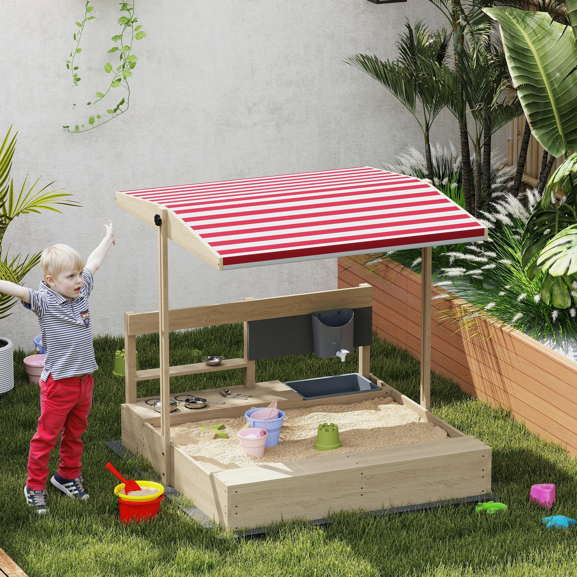 Kids Sandbox with Cover Kitchen Playset Toys, Wooden Sand Box with Seat, Storage, for 3-7 Years Old, Natural Wood Sandboxes & Accessories at Gallery Canada