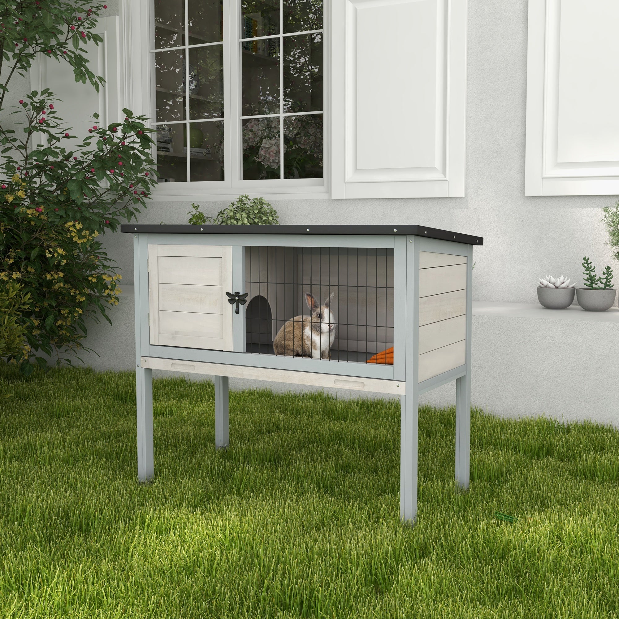 Wooden Rabbit Hutch with Openable Asphalt Roof, Tray, Light Grey Rabbit Hutch at Gallery Canada