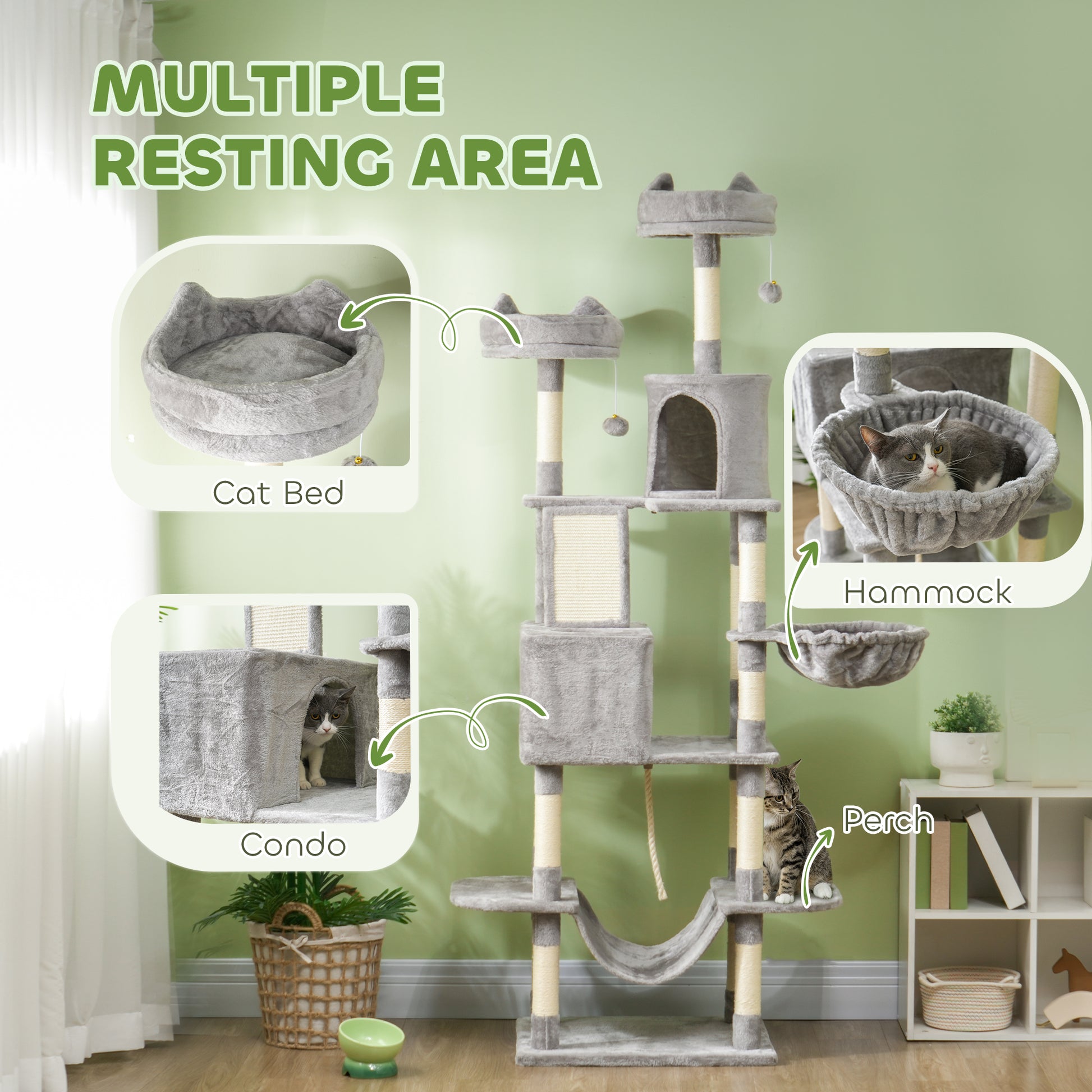 81" Large Cat Tree w/ Scratching Posts, Condos, Beds, Hammocks, Jumping Platforms, Toy Balls, Rope Cat Toy, Light Grey Cat Towers   at Gallery Canada