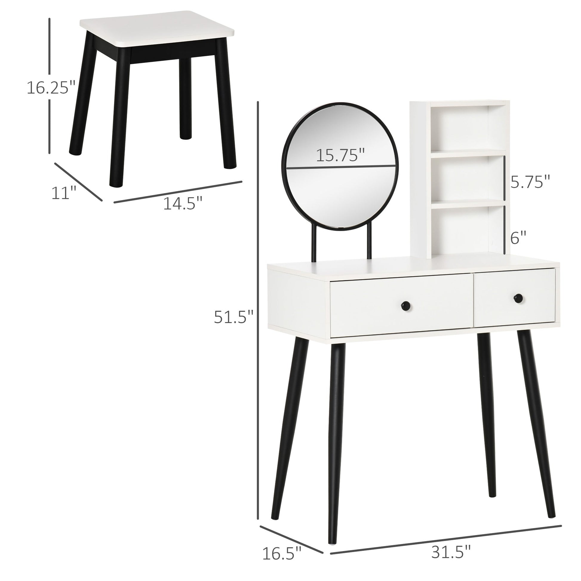 Vanity Set, Makeup Dressing Table Set with Stool, Wood Vanity Desk with Mirror, Storage Drawers and Shelf for Bedroom, White and Black Dressing & Vanity Tables   at Gallery Canada