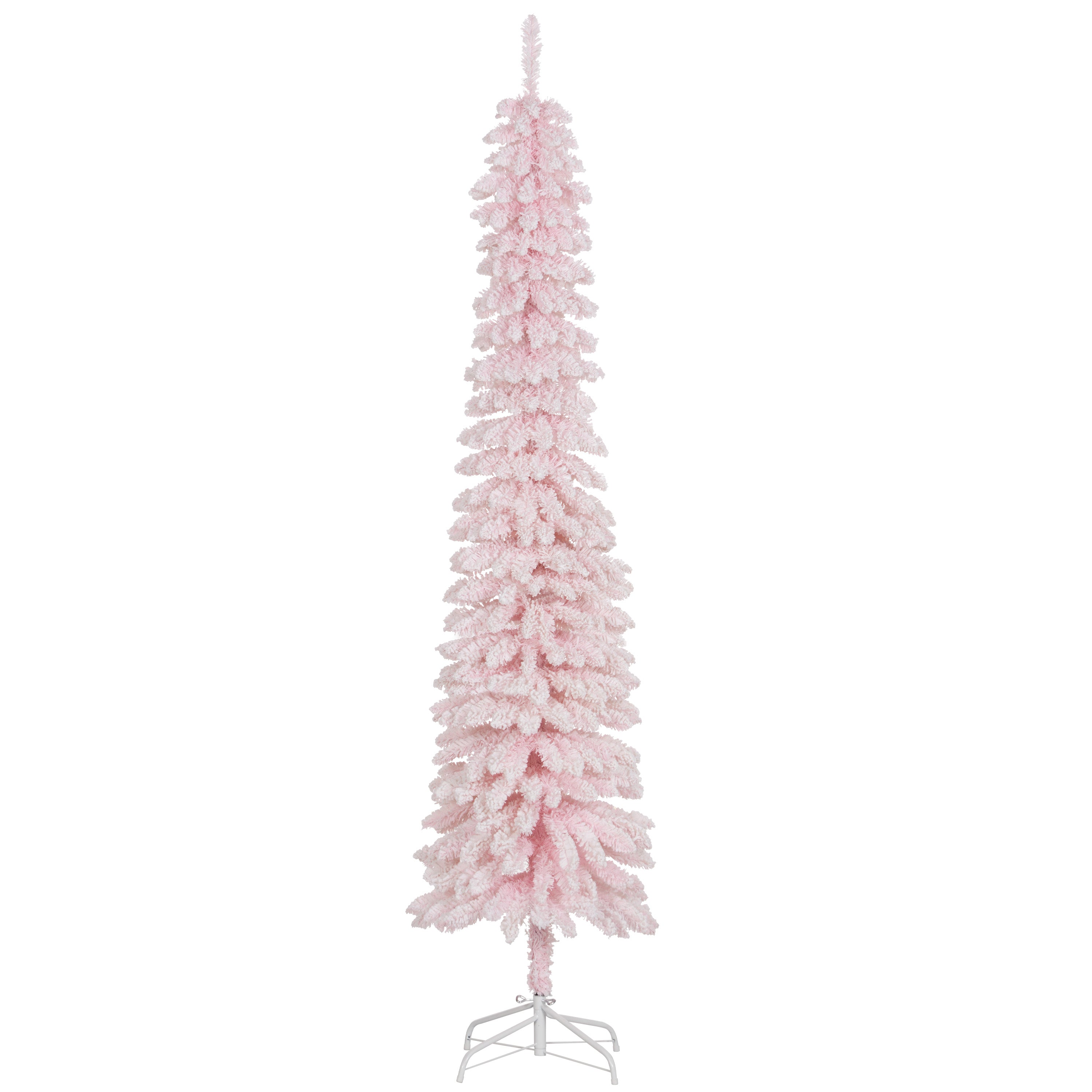 7ft Snow-Flocked Artificial Christmas Tree, Slim Pencil Xmas Tree with 490 Realistic Branches, Metal Base, Pink Flocked Christmas Trees at Gallery Canada