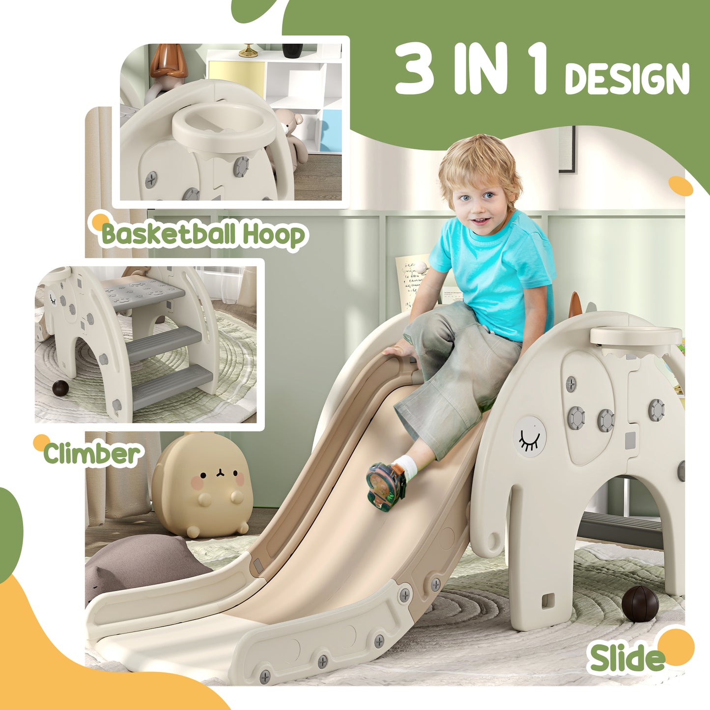 3 in 1 Toddler Slide with Basketball Hoop, Climber, for 1-3 Years Old, Elephant-themed Gym Sets & Swings   at Gallery Canada