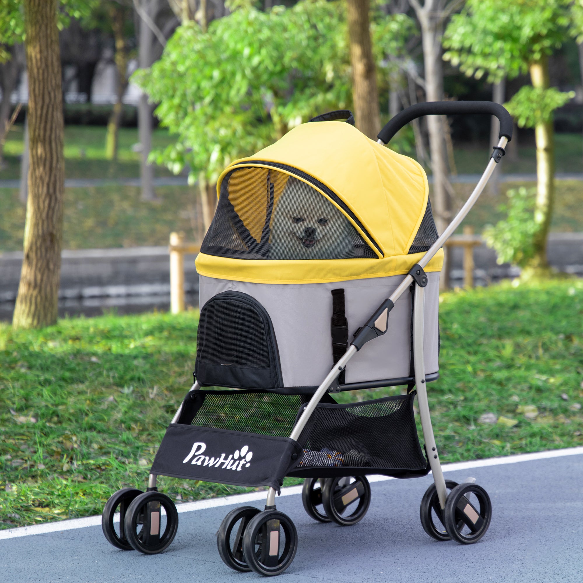 4 Wheels Pet Stroller, 3 in 1 Dog Cat Travel Folding Carrier, for Small Dogs, Detachable, w/ Brake, Canopy, Basket, Storage Bag - Yellow Dog Bike Trailers & Strollers at Gallery Canada