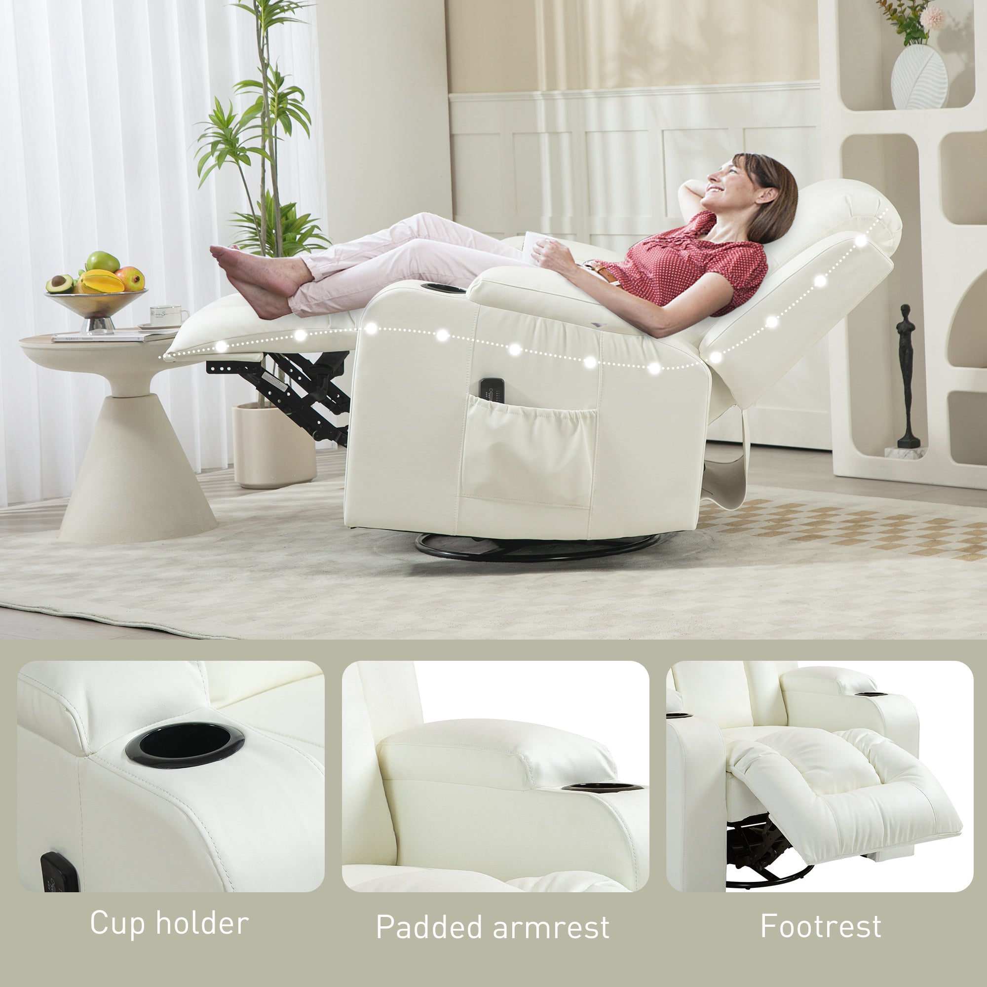 Massage Recliner Chair for Living Room with 8 Vibration, Overstuffed PU Leather Manual Reclining Chair with Wide Seat, Cup Holders, 360° Swivel, Rocking, Cream White Single Sofas at Gallery Canada