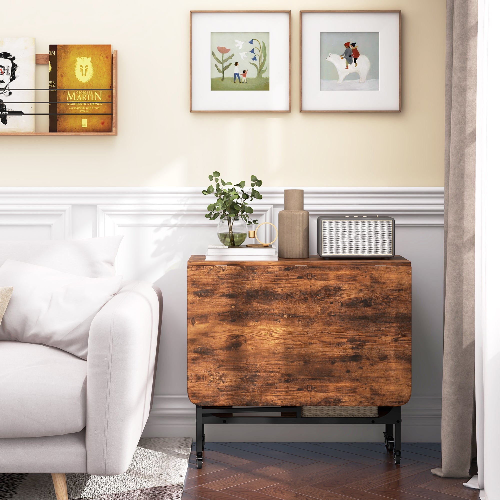 Folding Dining Table, Extendable Kitchen Table for Small Spaces with Storage Shelf and 6 Wheels, Rustic Brown Dining Tables at Gallery Canada