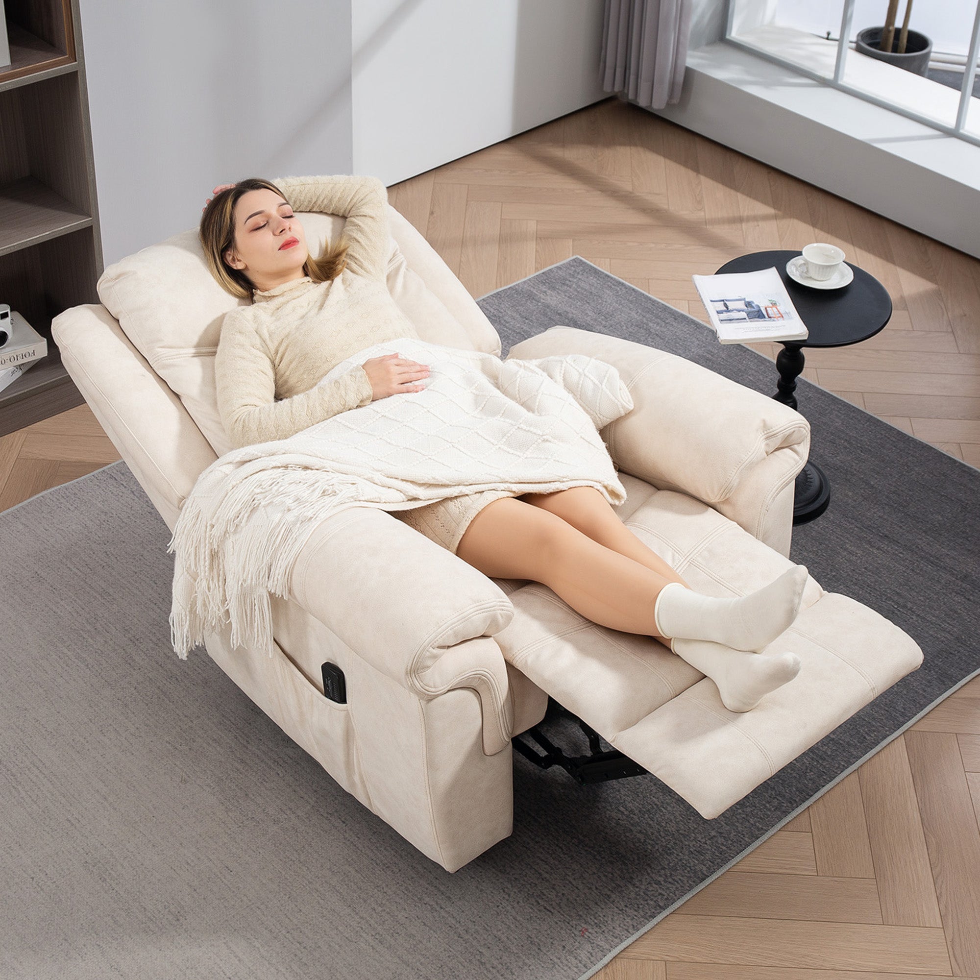 Manual Recliner Chair with Vibration Massage, Side Pockets, Microfibre Reclining Chair for Living Room, Cream White Sofas & Reclining Chairs at Gallery Canada