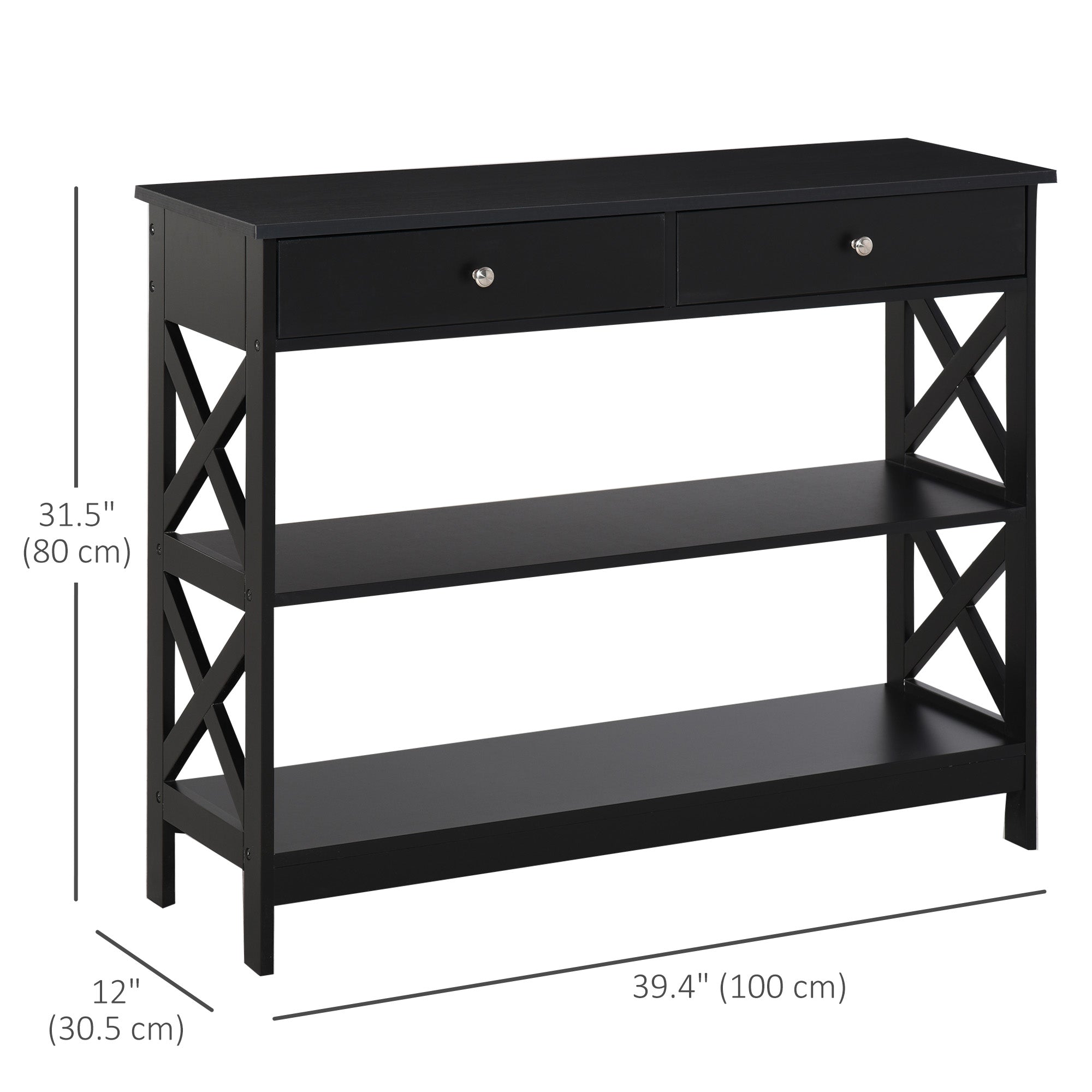 Console Table Sofa Side Desk with Storage Shelves Drawers X Frame for Living Room Entryway Black Console Tables at Gallery Canada