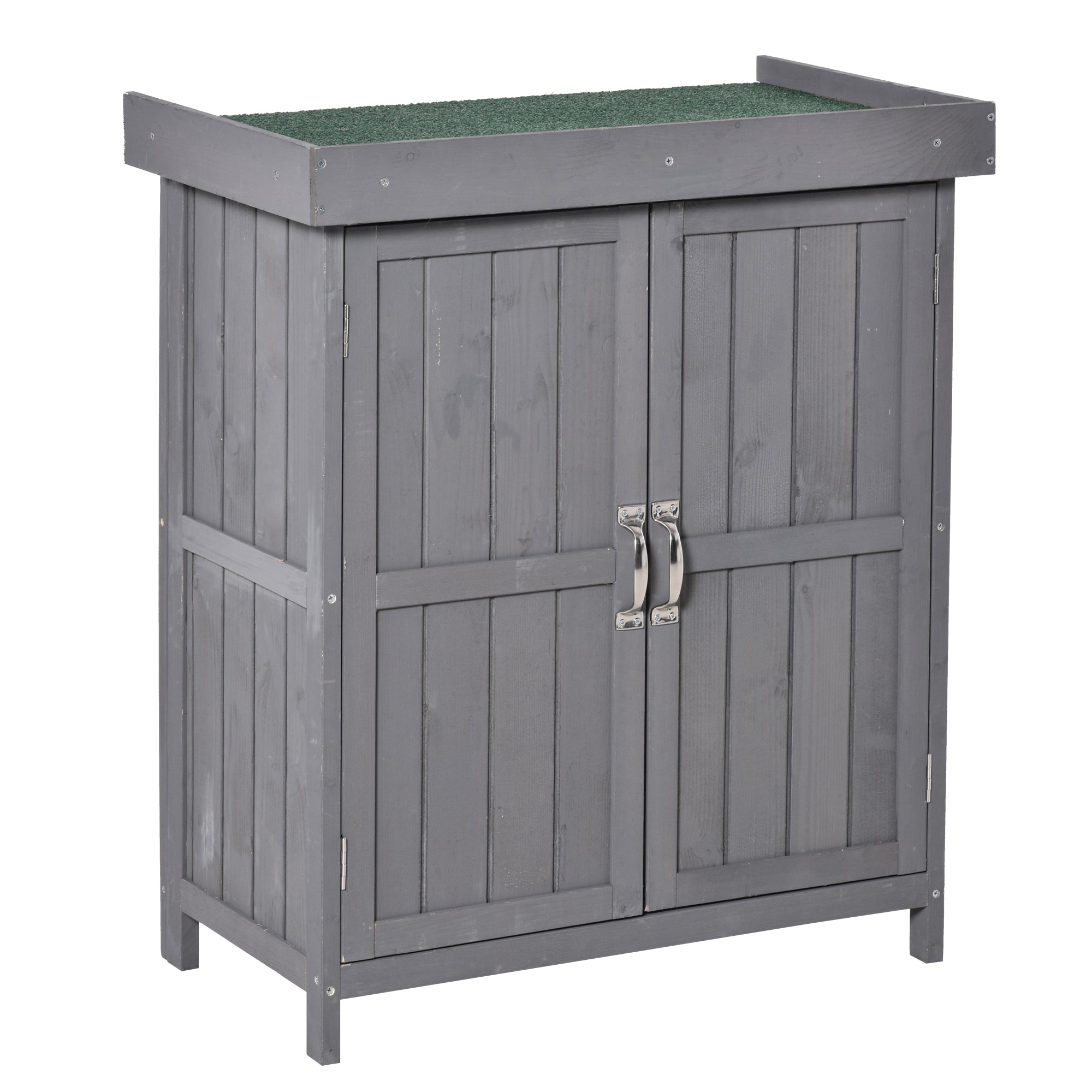 Wooden Garden Tool Storage Shed Kit with Hinged Roof, 2-Tier Shelves and Double Doors, 74x43x88cm, Dark Grey Sheds Dark Grey at Gallery Canada