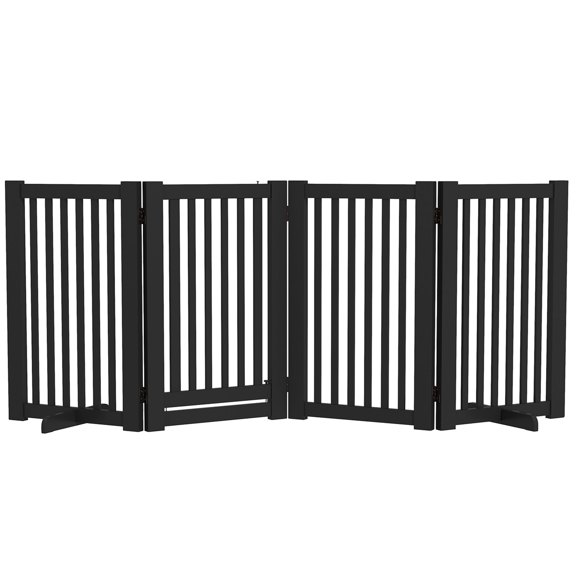 4 Panel Free Standing Wooden Pet Gate with Open Door Black Houses, Kennels & Pens   at Gallery Canada