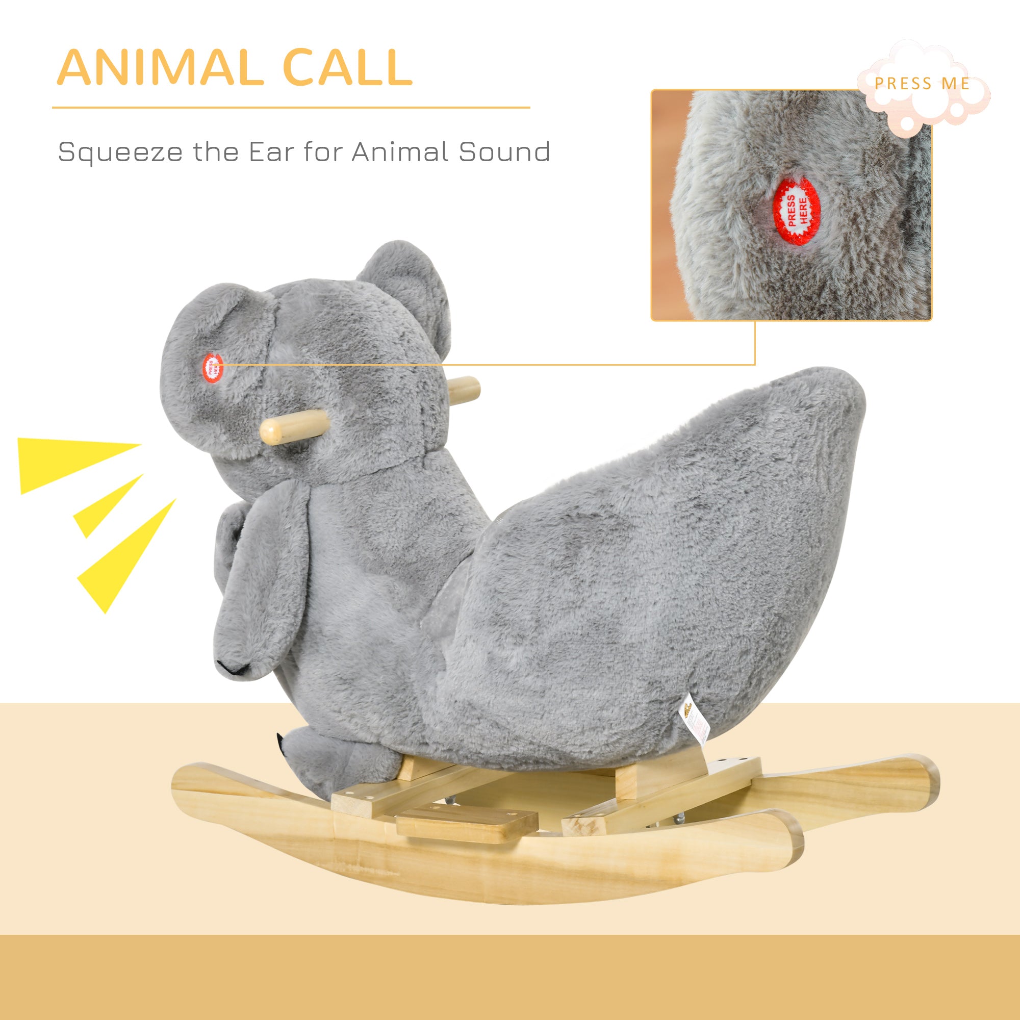 Kids Plush Ride-On Rocking Horse Koala-shaped Plush Toy Rocker with Gloved Doll Realistic Sounds for Child 18-36 Months Grey Rocking Horses at Gallery Canada
