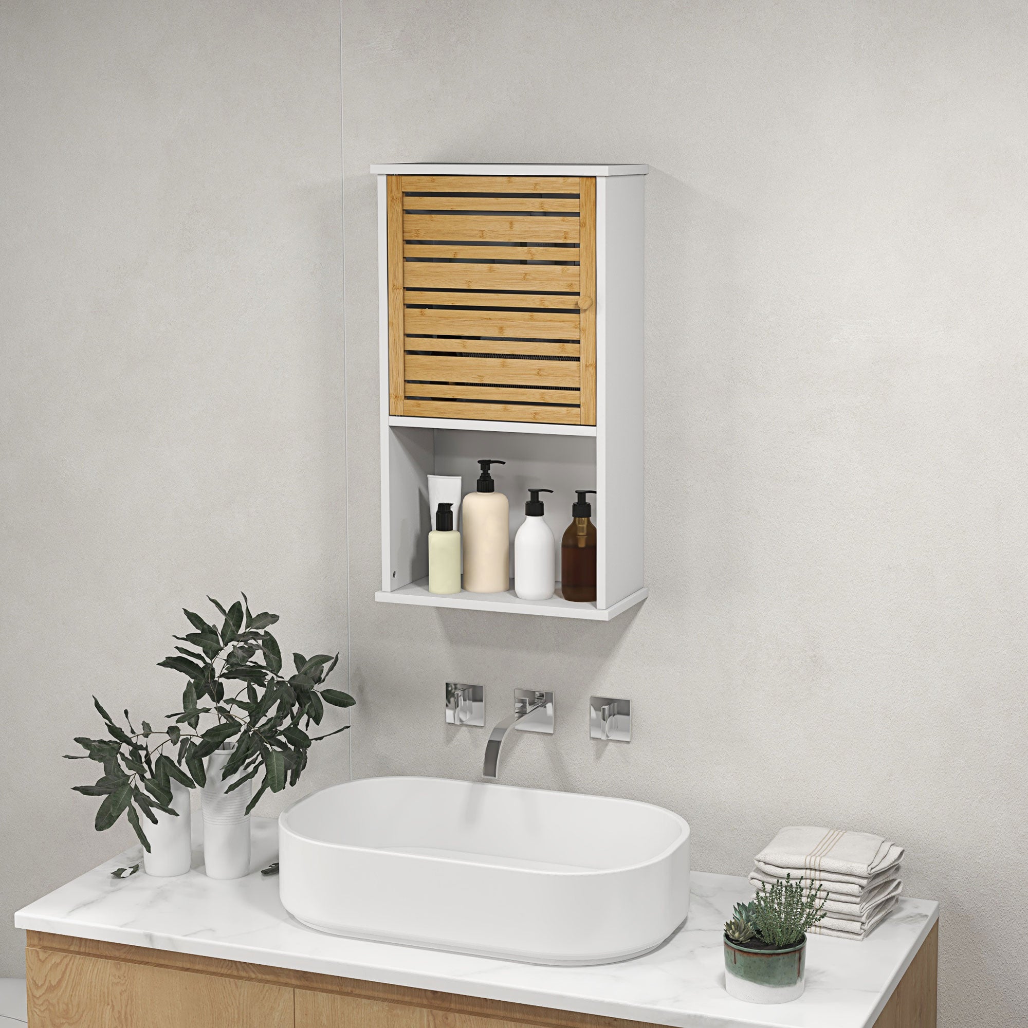 Wall Mounted Bathroom Cabinet with Storage, Bathroom Wall Cabinet with Bamboo Slat Door and Adjustable Shelf, White Wall Mounted Cabinets   at Gallery Canada