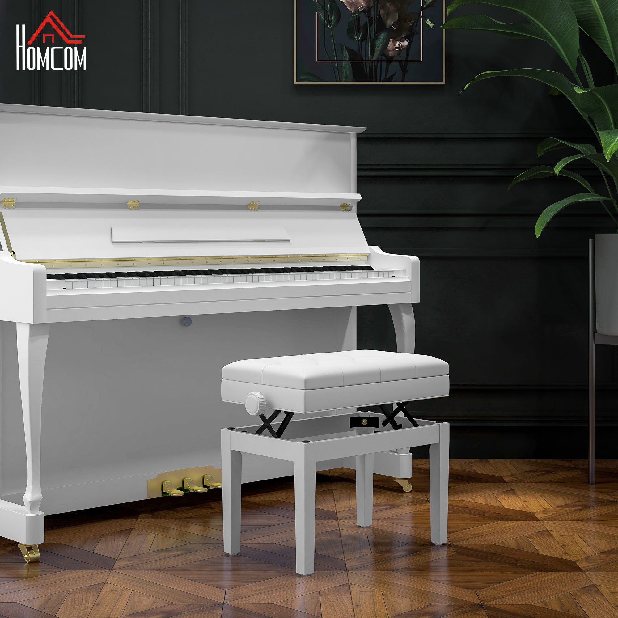 Adjustable Piano Bench with Storage and Soft PU Leather Padded, with Enough Music Storage Design, White Piano Benches at Gallery Canada