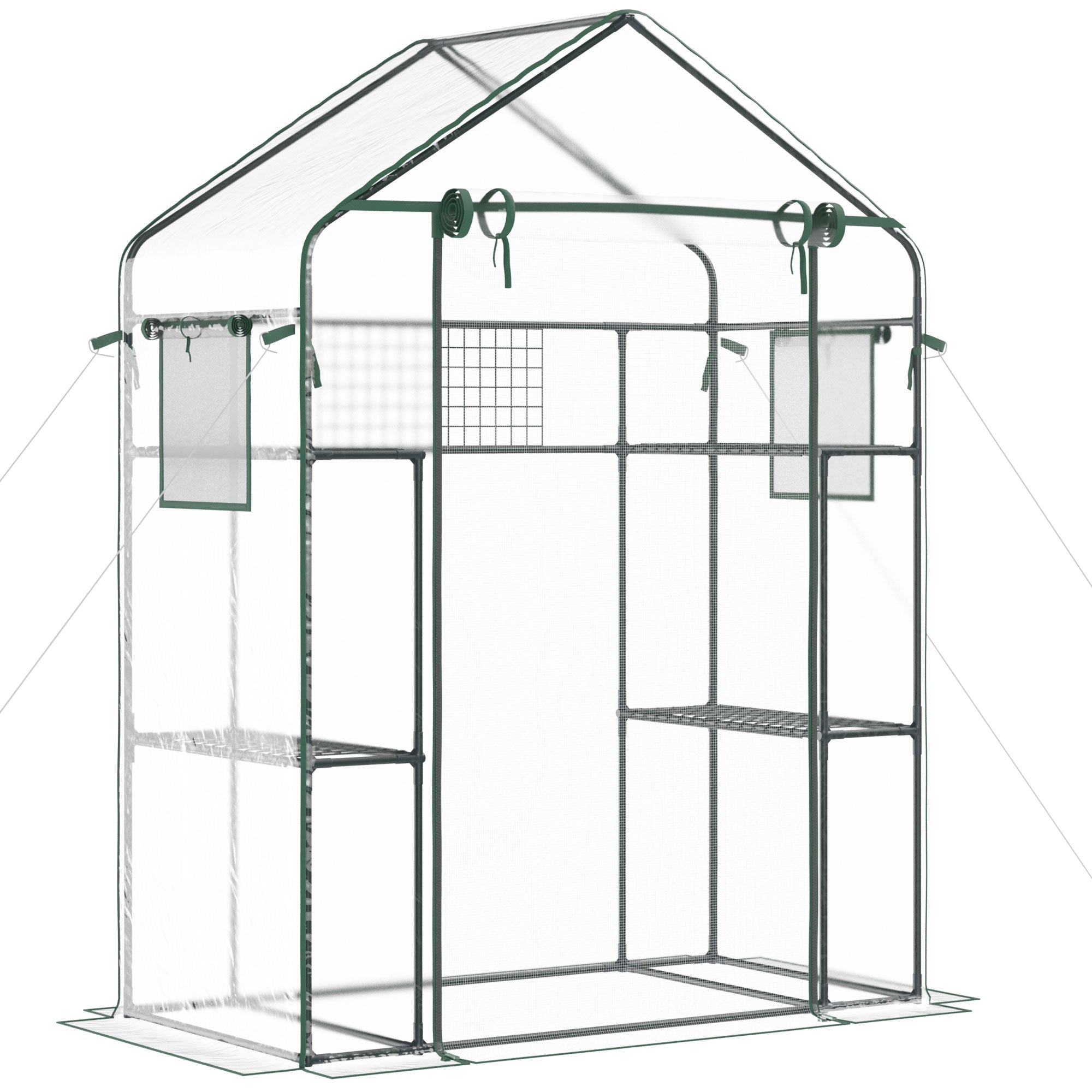 3-Tier Mini Greenhouse, Walk-in Greenhouse, Garden Hot House with 4 Shelves, Roll-Up Door, Mesh Windows, Trellis and Plant Labels, 56