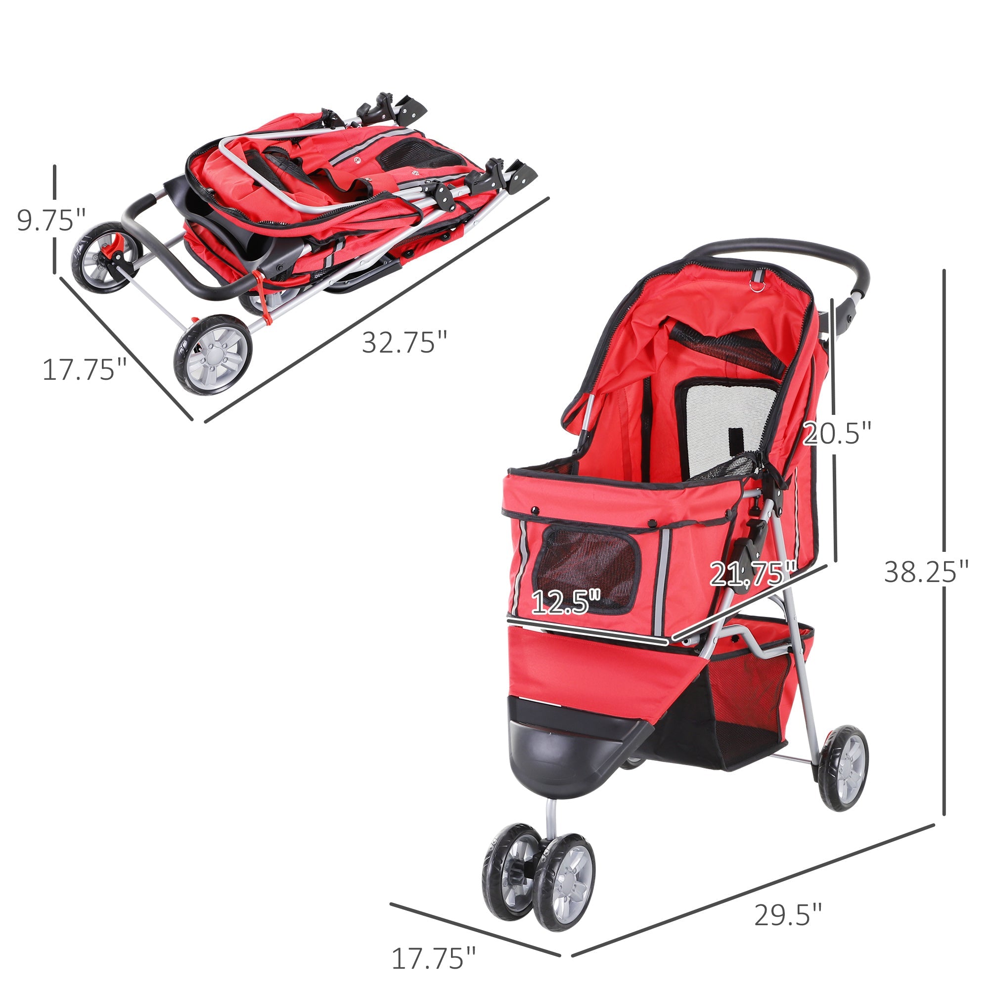 Deluxe 3 Wheels Pet Stroller Foldable Dog Cat Carrier Strolling Jogger with Brake, Canopy, Cup Holders and Bottom Storage Space (Red) Dog Bike Trailers & Strollers   at Gallery Canada