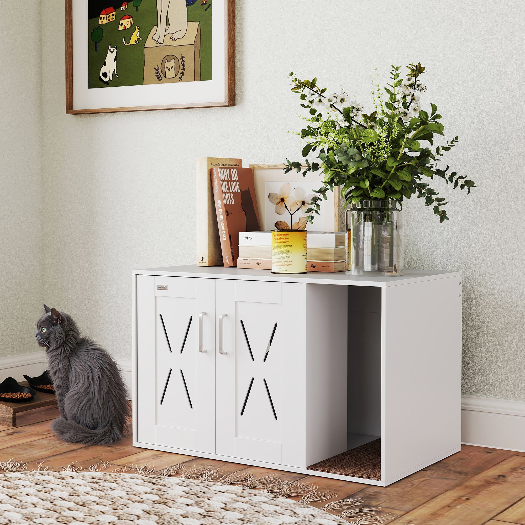 Cat Litter Box Enclosure, Hidden Cat Litter Box Furniture with Scratching Board, 31.5