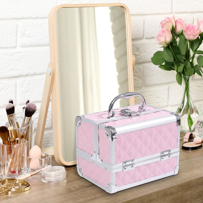 3 Tier Diamond Texture Makeup Train Case Cosmetic Organizer with Mirror, Pink Makeup Cases   at Gallery Canada