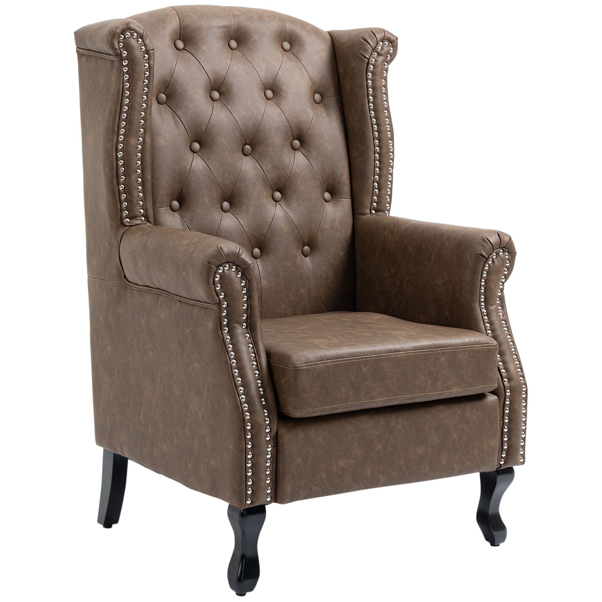 Tufted Lounge Chair, Upholstered Chesterfield-style Armchair with Solid Wood Legs and Nail Head Trim, Brown Single Sofas Brown  at Gallery Canada