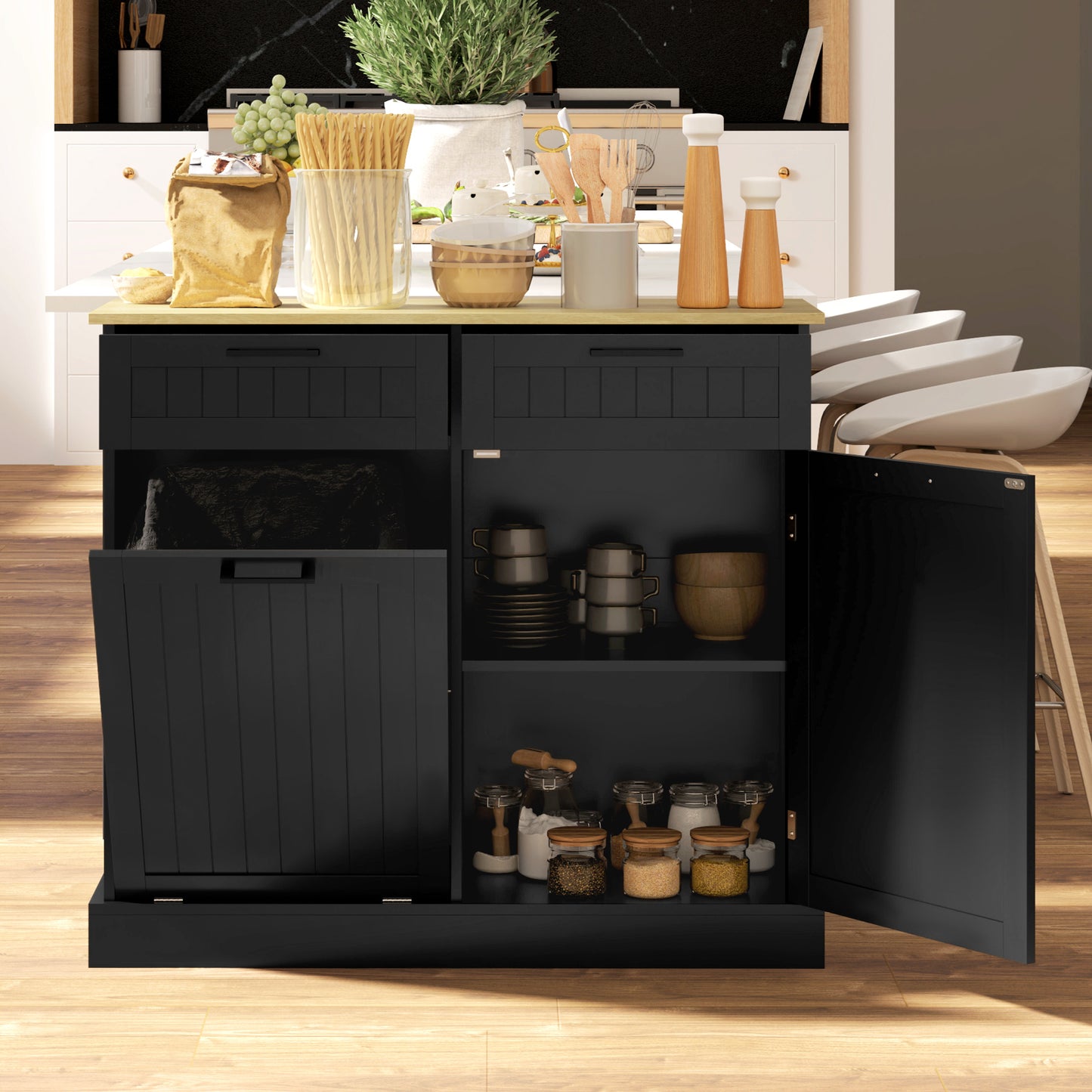 Hidden Garbage Bin Cabinet, Tilt Out Trash Cabinet w/ 2 Drawers, Freestanding Kitchen Island for Laundry, Black Bar Cabinets   at Gallery Canada