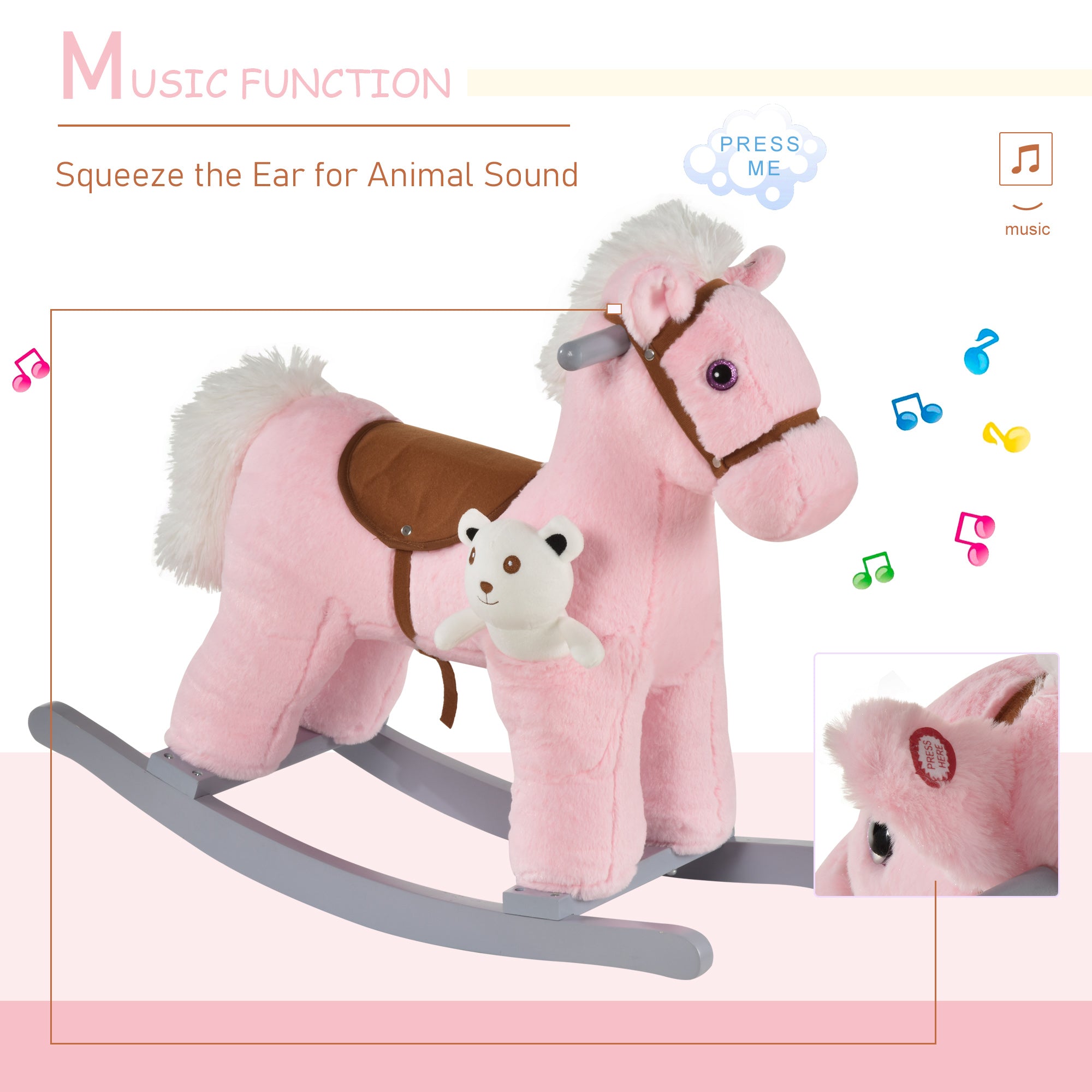 Kids Plush Ride-On Rocking Horse with Bear Toy, Children Chair with Soft Plush Toy &; Fun Realistic Sounds, Pink Rocking Horses at Gallery Canada