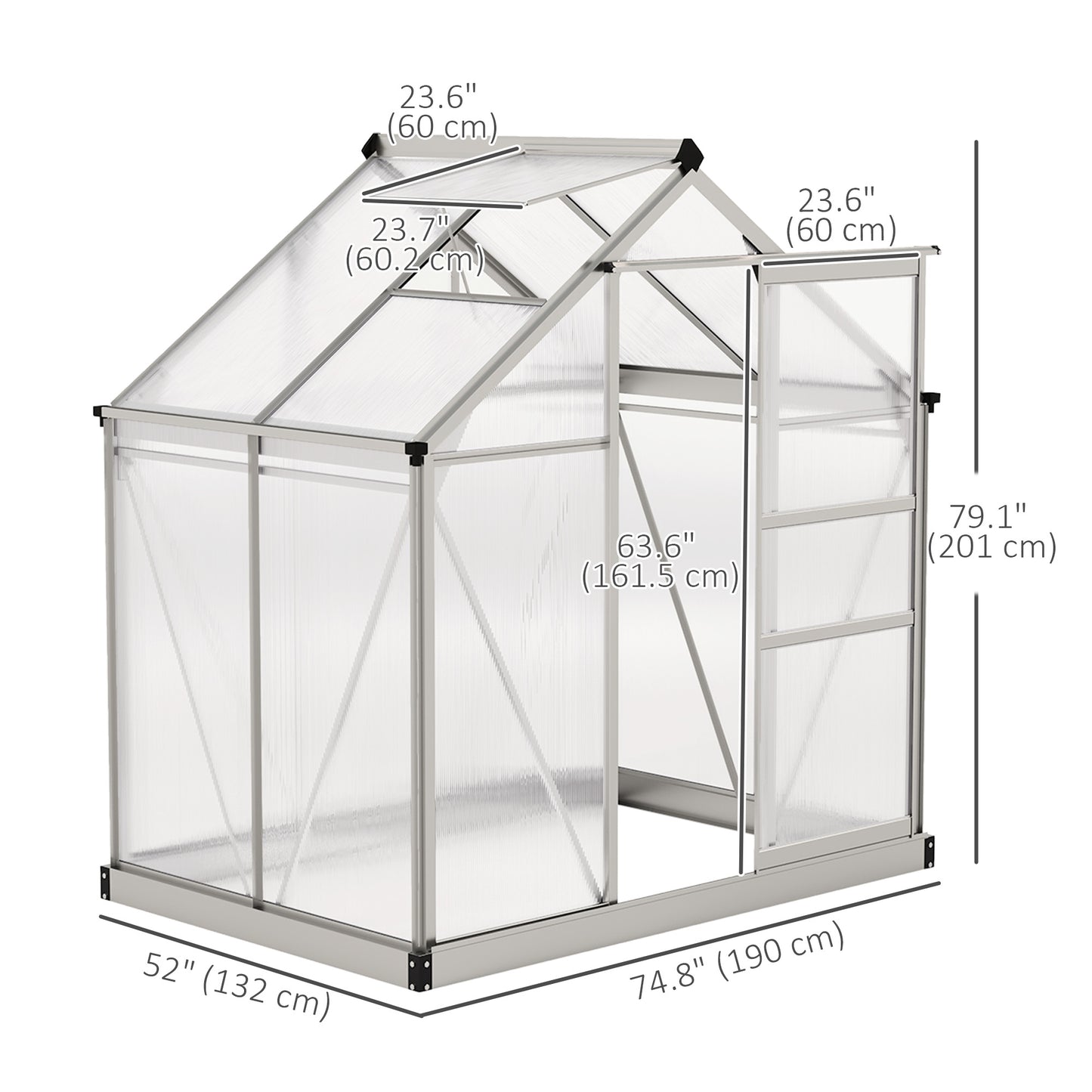 6' x 4' x 6.6' Polycarbonate Greenhouse, Walk-In Green House Kit Garden, Plants Grow, Galvanized Sheet Aluminum Frame with Rain Gutter, Vent and Sliding Door, Silver Walk In Greenhouses at Gallery Canada