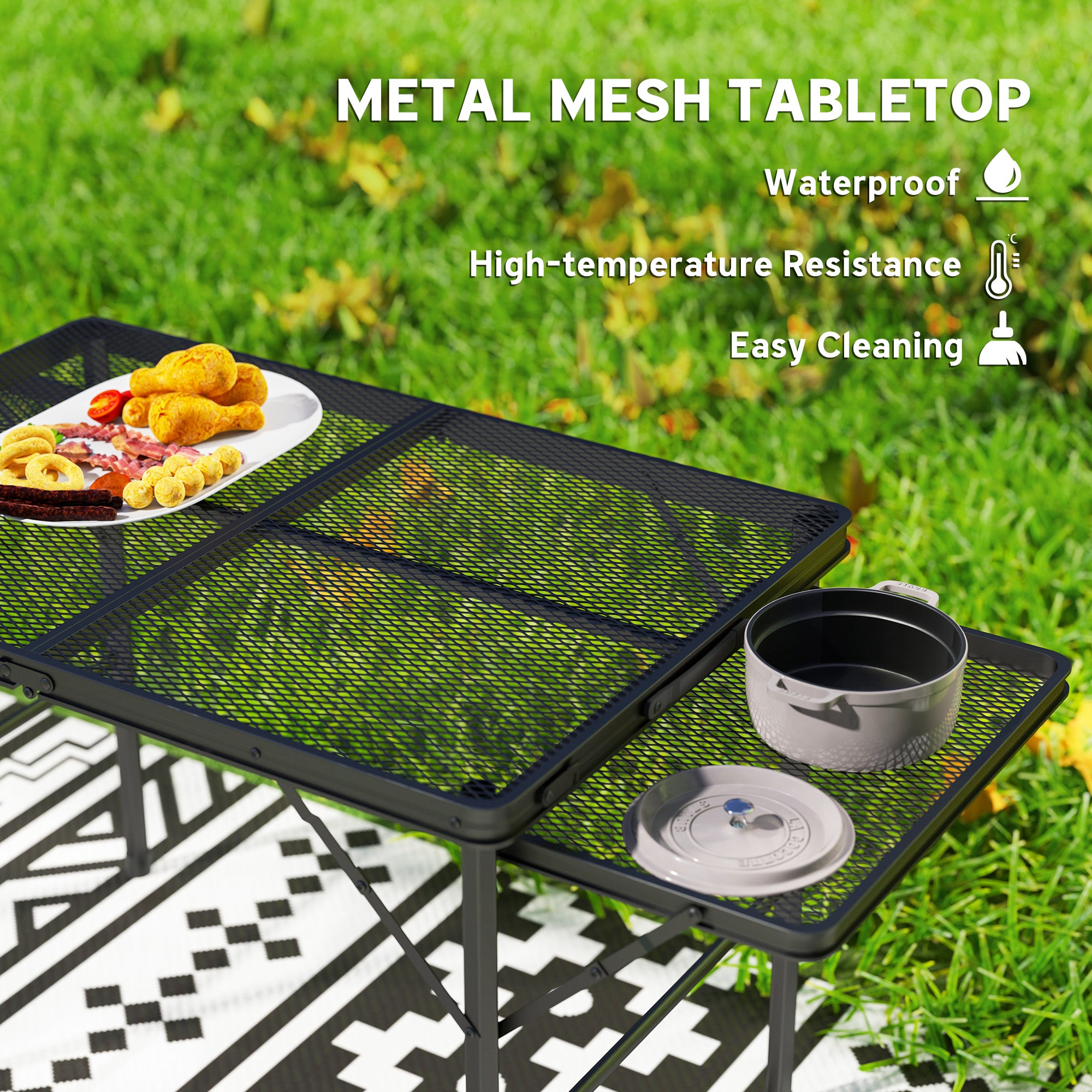 4.5ft Folding Grill Table, Height Adjustable Camping Table w/ Wing Panels, Metal Portable Picnic Table w/ Mesh Desktop Picnic Tables & Camping Chairs at Gallery Canada