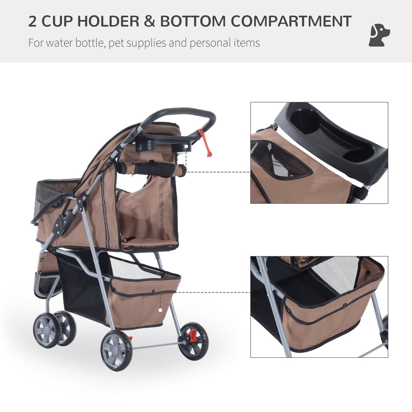 3 Wheel Folding Pet Stroller Dog Bike Carrier Strolling Jogger with Brake, Canopy, Cup Holders and Bottom Storage Space, Coffee Dog Bike Trailers & Strollers   at Gallery Canada